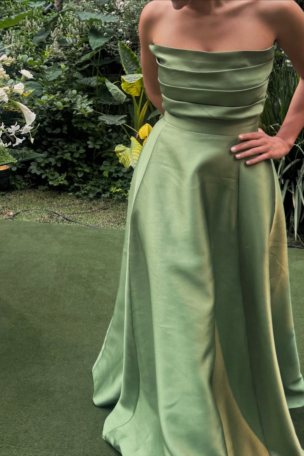 Sage Green Strapless Ruched A-line Dress