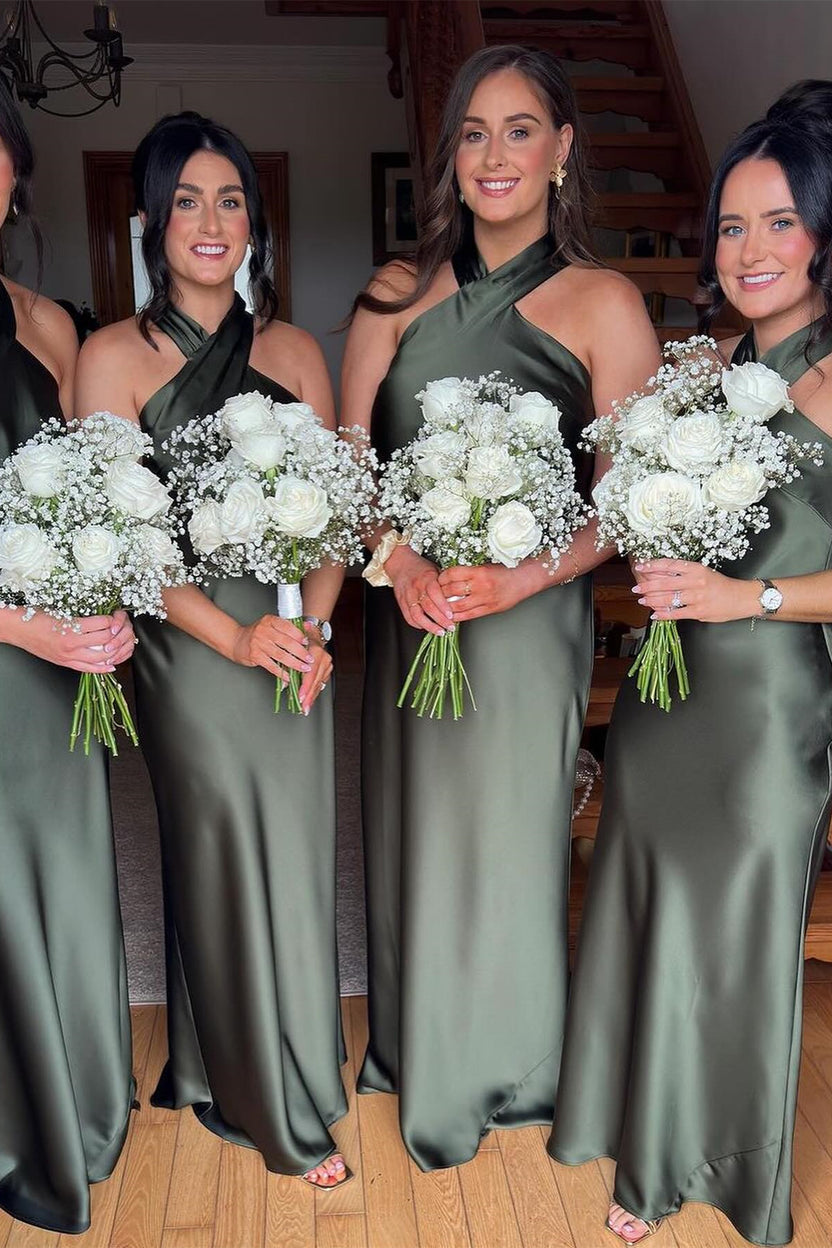Square Neck A-Line Bridesmaid Dress With Slit in Moss Green main image 0