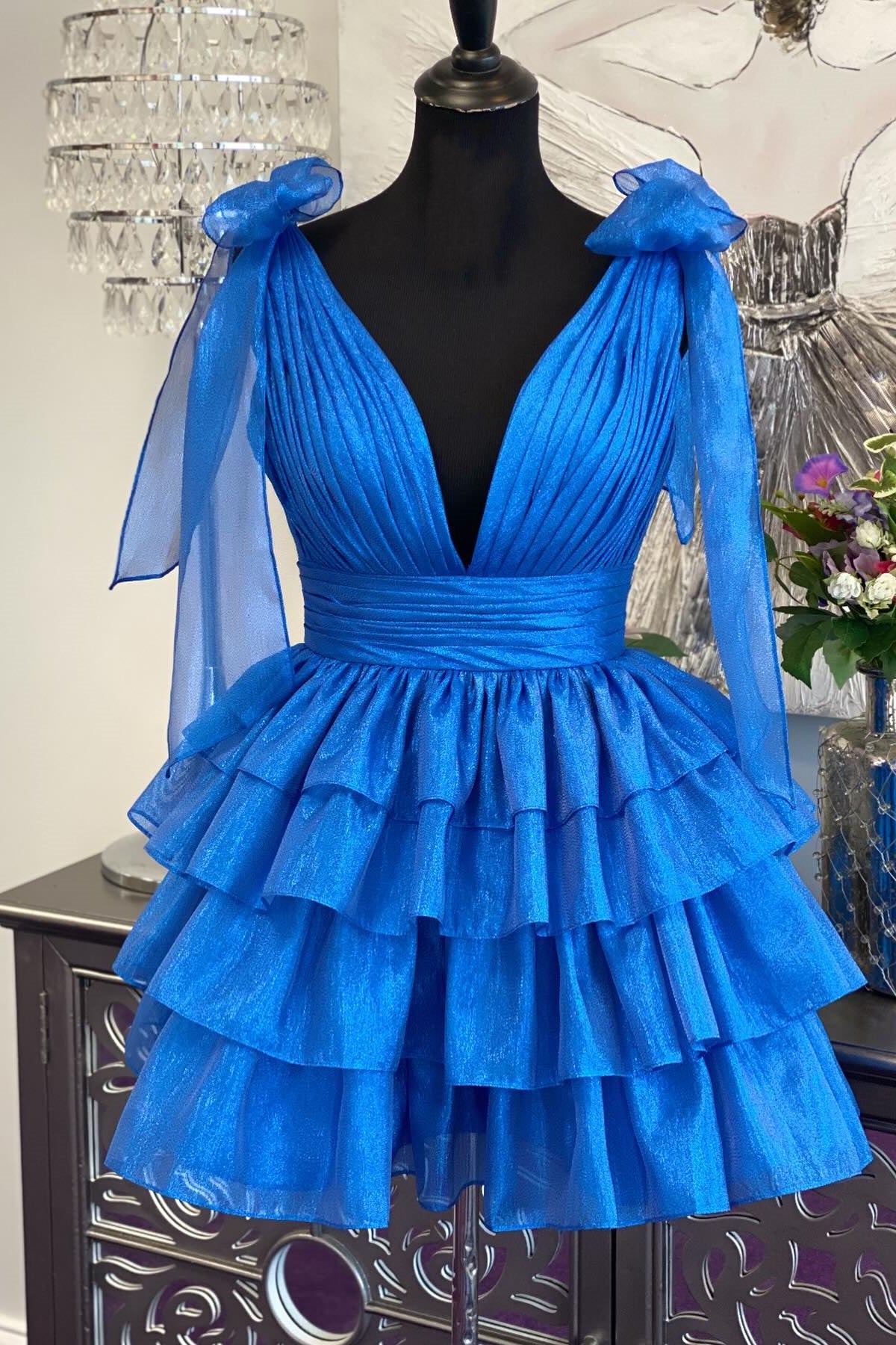 Bow Sleeves Royal Blue Tiered Ruffles Short Cocktail Dress Dressesforparty Bow Sleeves Royal Blue Tiered Ruffles Short Cocktail Dress Dressesforparty