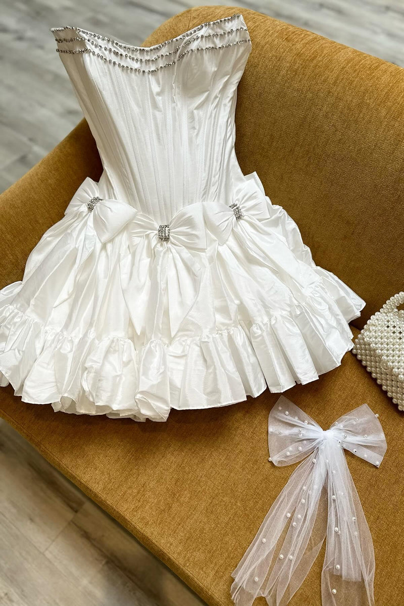 A-line Short Cocktail Dress With Bow White Homecoming Dress main image 1