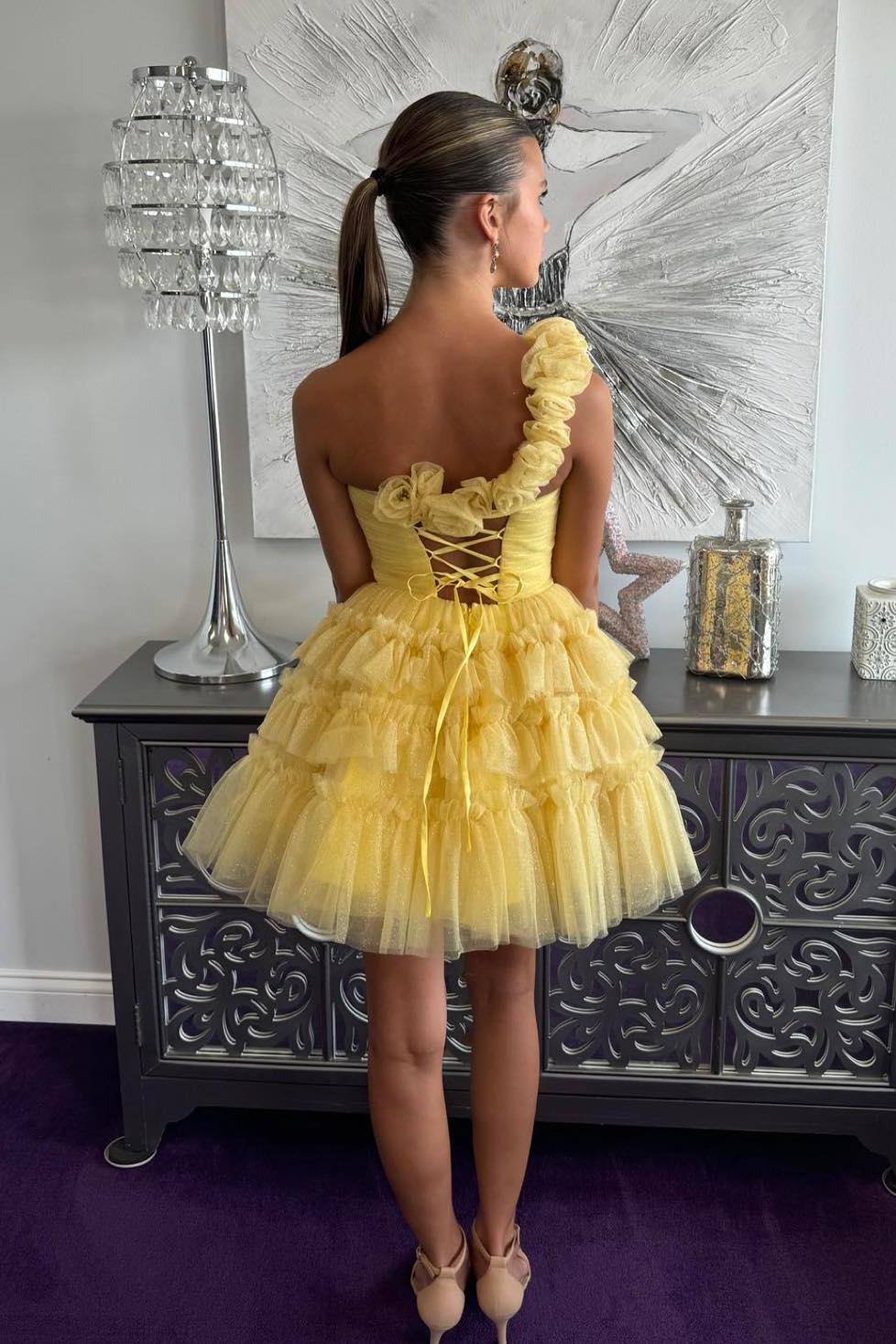 Yellow One-Shoulder Knotted A-Line Mini Dress with Tiered Ruffles Dressesforparty Yellow One-Shoulder Knotted A-Line Mini Dress with Tiered Ruffles Dressesforparty