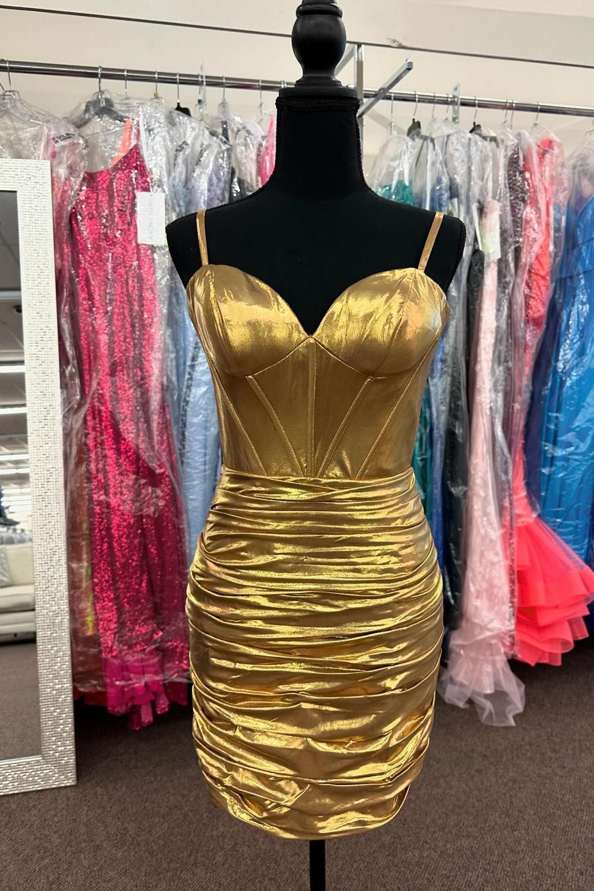 Straps Gold Metallic Ruched Tight Dress Dressesforparty Straps Gold Metallic Ruched Tight Dress Dressesforparty