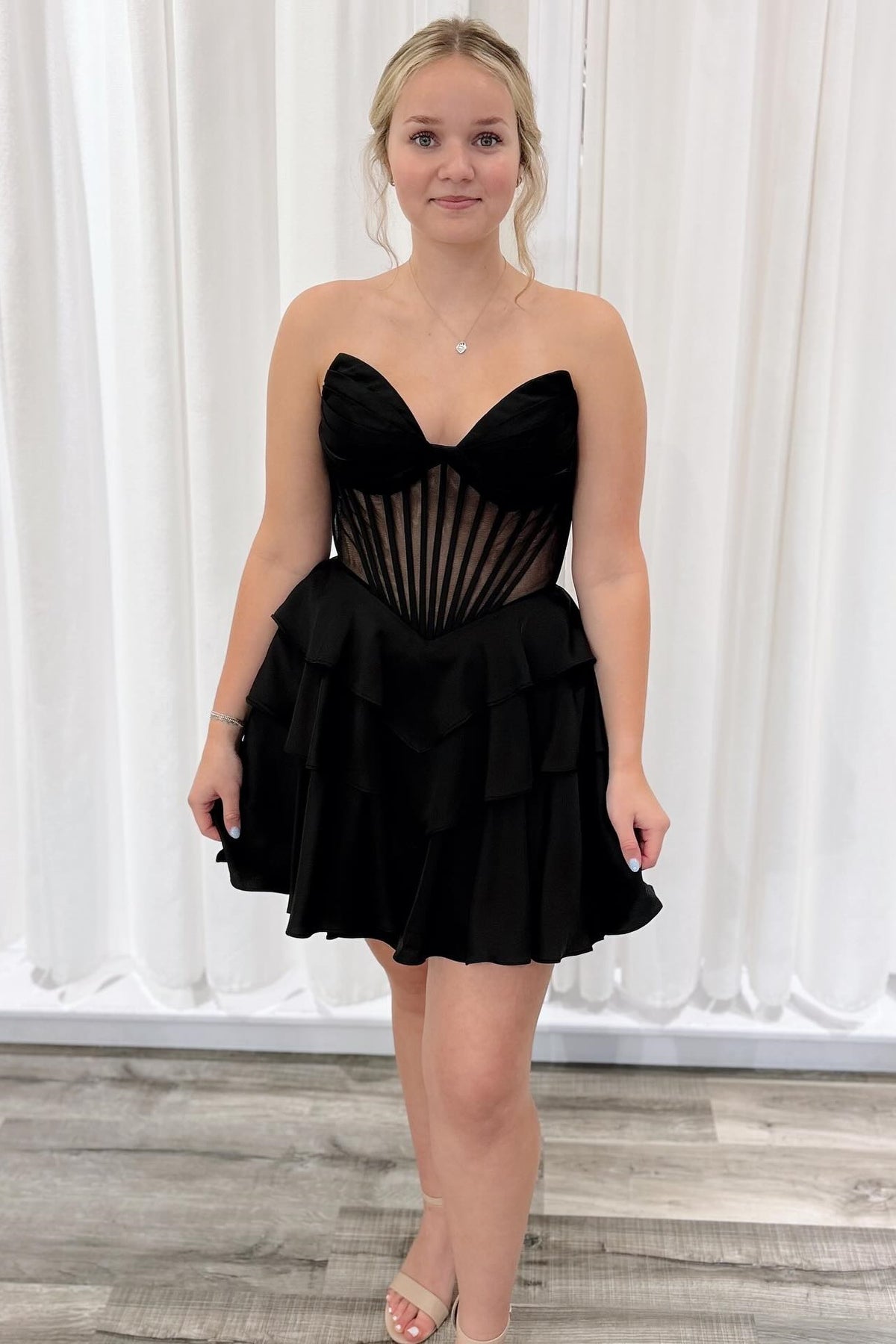 Strapless Black Sheer Corset Short Ruffle Dress Dressesforparty Strapless Black Sheer Corset Short Ruffle Dress Dressesforparty