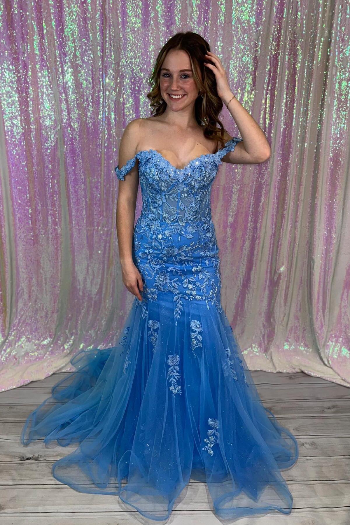 Off the Shoulder Blue Lace Appliques Mermaid Prom Dress