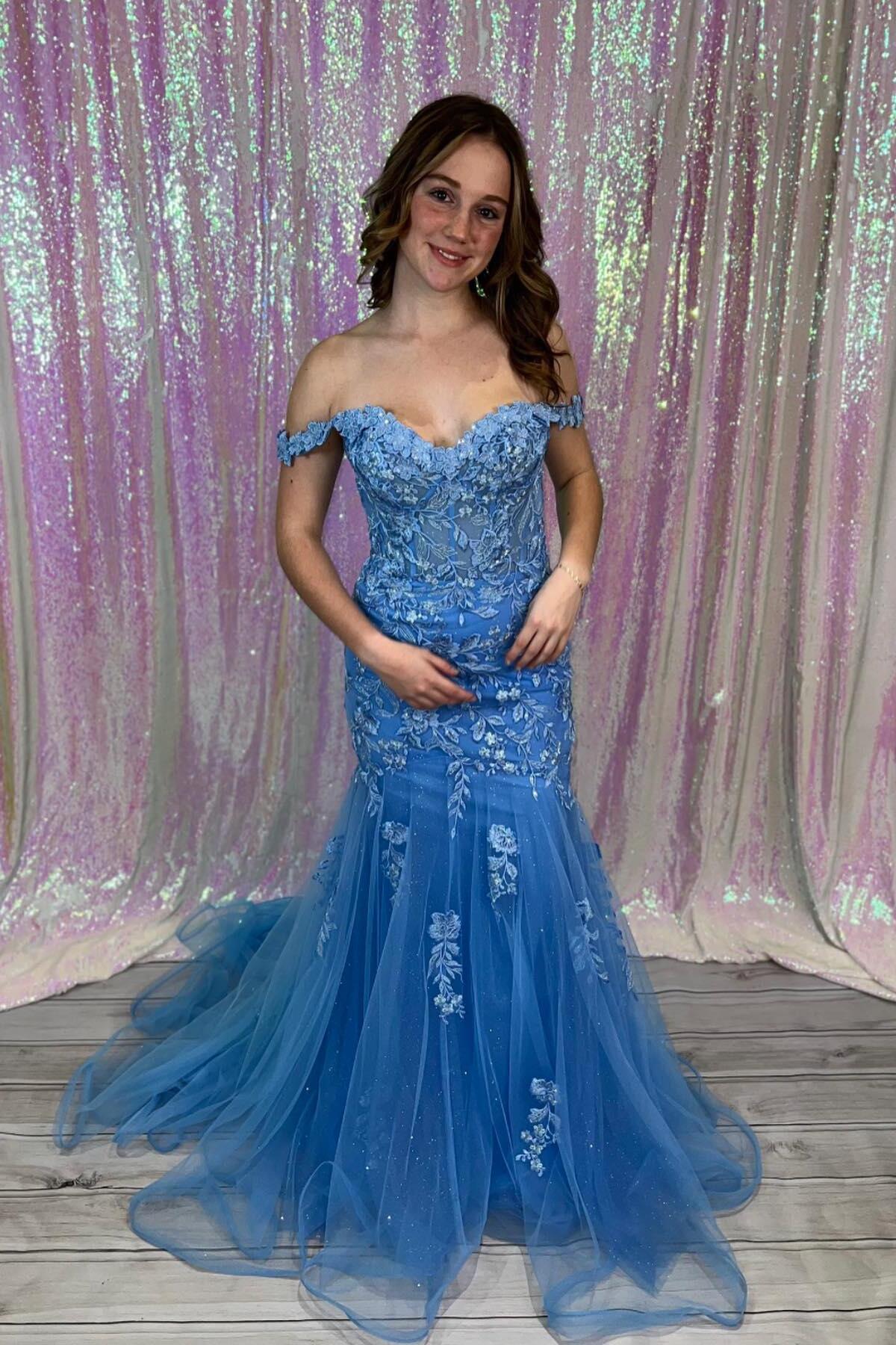 Off the Shoulder Blue Lace Appliques Mermaid Prom Dress