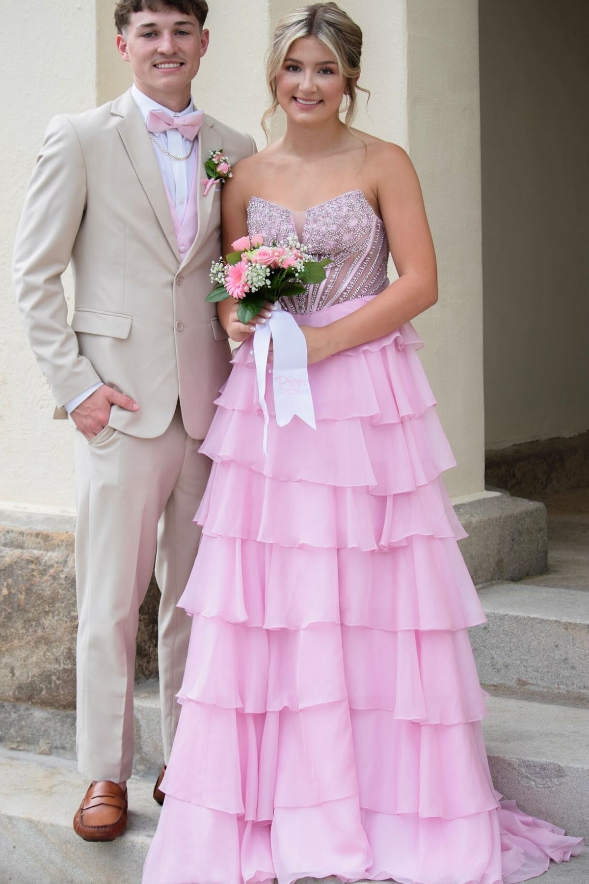 Pink Chiffon Beaded Strapless A-Line Gown