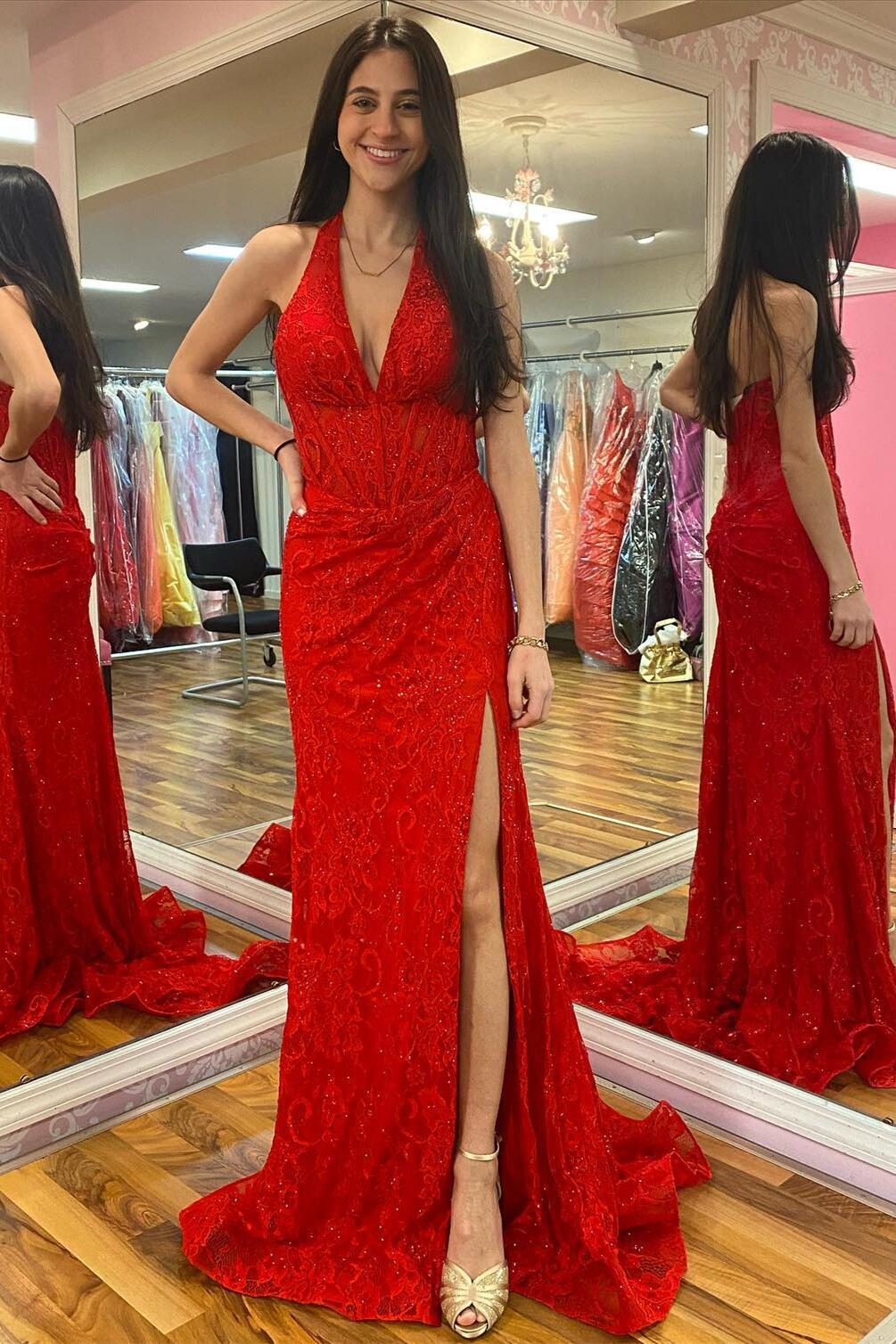 Halter Red Lace Mermaid Long Formal Dress