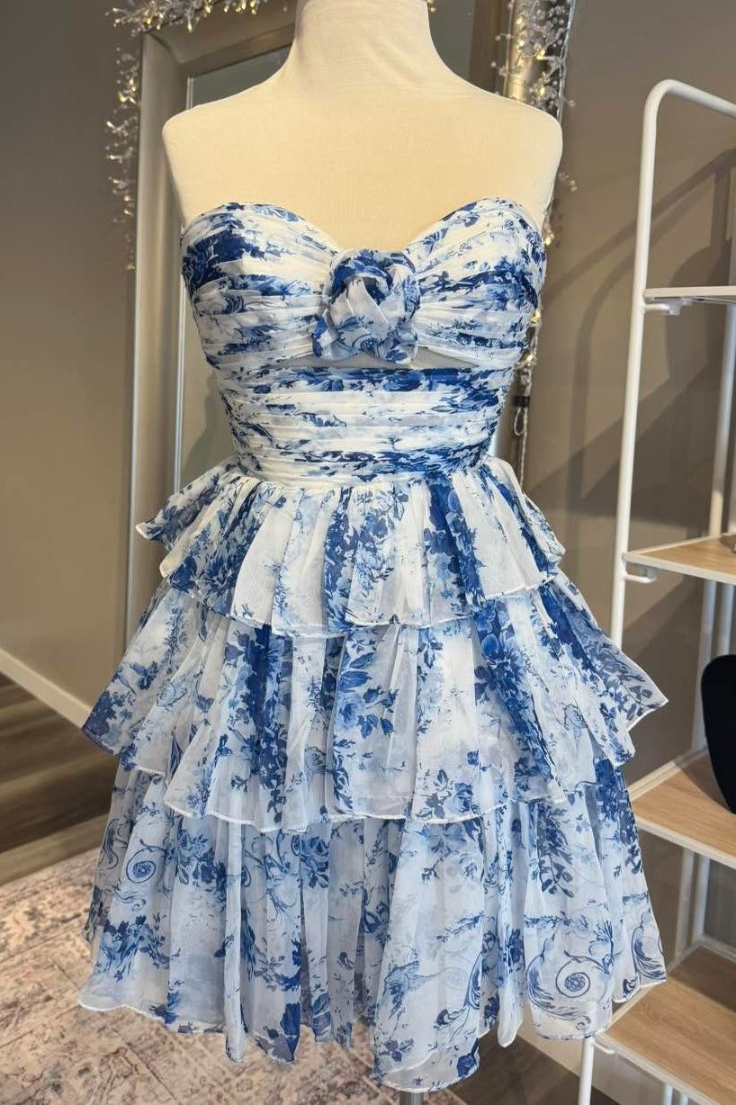 Blue Floral Print A-line Homecoming Dress
