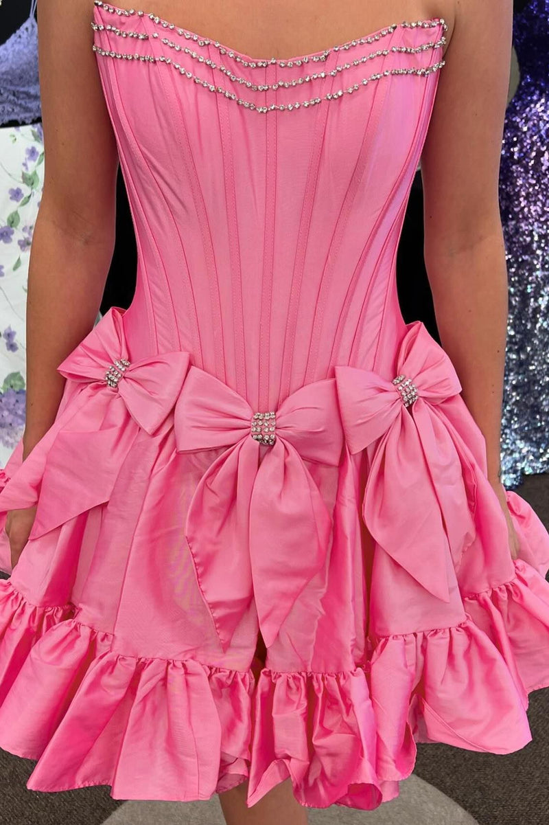 A Line Mini Prom Party Dress Bow Straps Satin Graduation Prom Ball Gown Short Cocktail Evening Gowns main image 1
