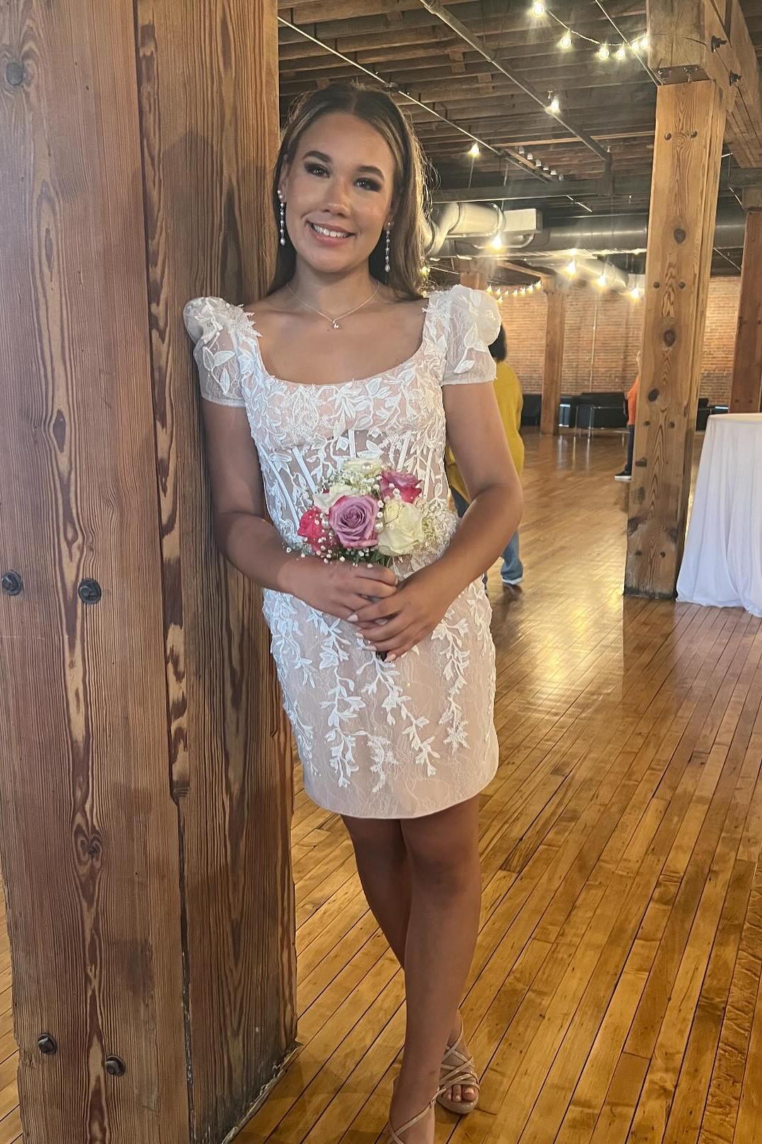Short Sleeves Ivory Lace Tight Short Homecoming Dress Dressesforparty Short Sleeves Ivory Lace Tight Short Homecoming Dress Dressesforparty