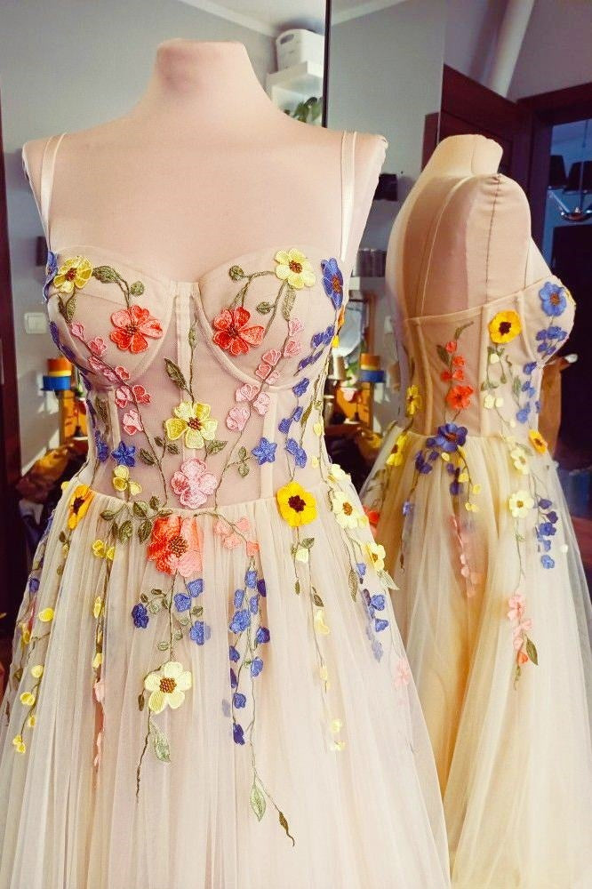Straps Champagne Corset Floral Long Formal Dress