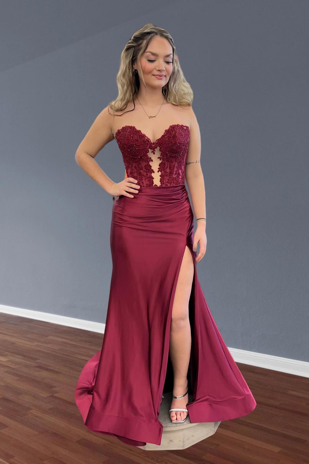 Sweetheart Ruched Satin Long Sleeve Burgundy A Line Prom Dress Sweetheart Ruched Satin Long Sleeve Burgundy A Line Prom Dress
