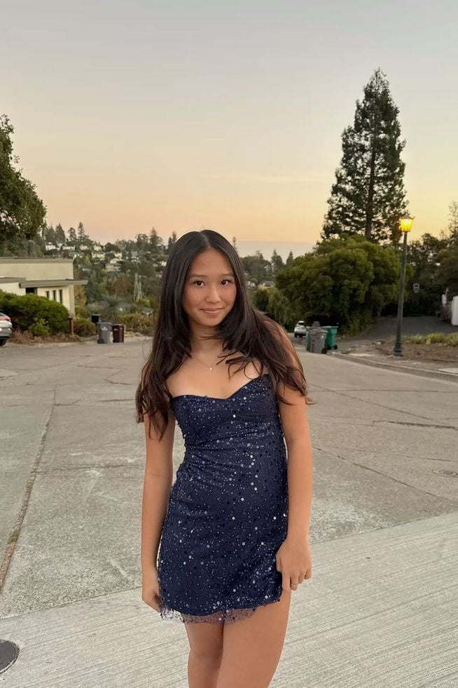 navy blue a line mini dress Navy Blue V-Neck Spaghetti Straps A-Line Short Homecoming Dress QH0845 US6 / Blue