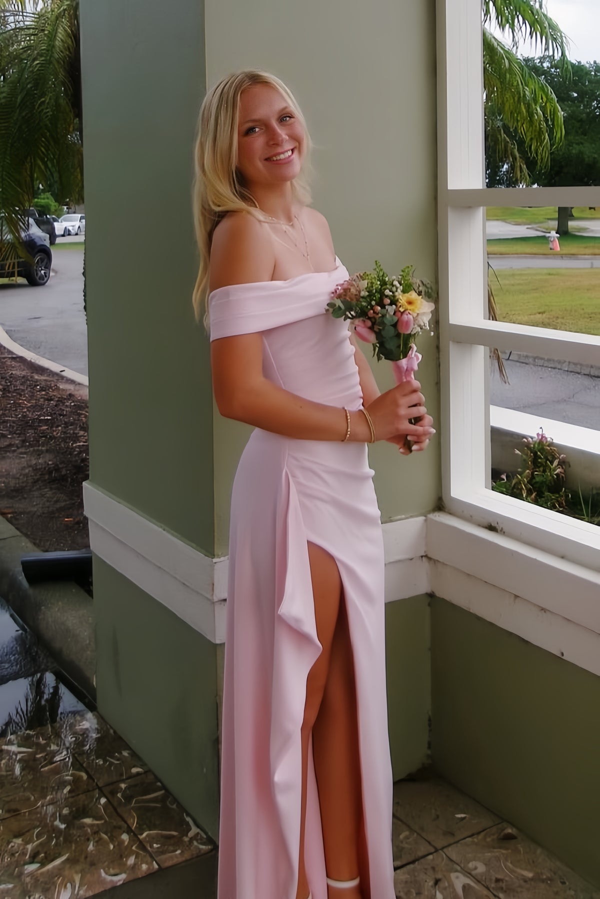 Pink Off the Shoulder Frill Slit Long Dress