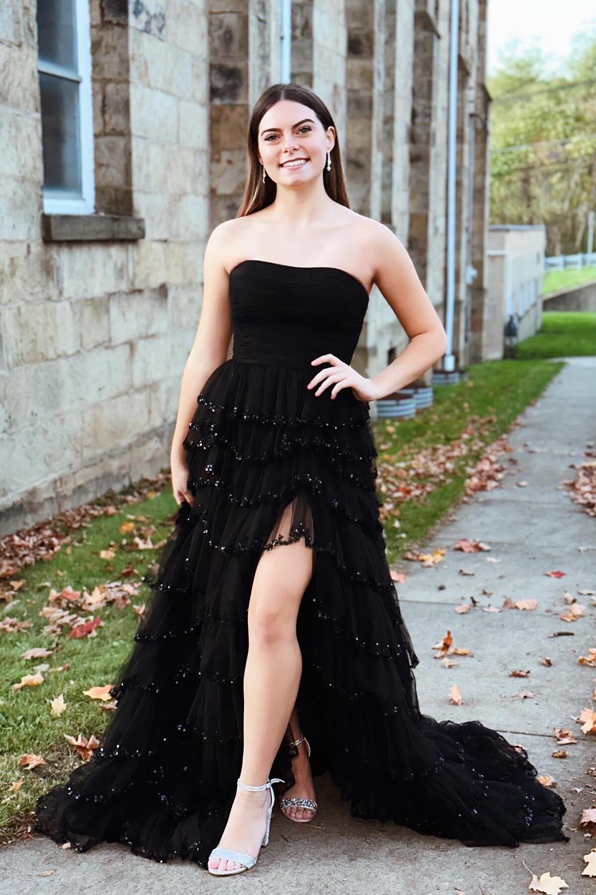 Strapless Black Tulle Tiered Prom Gown