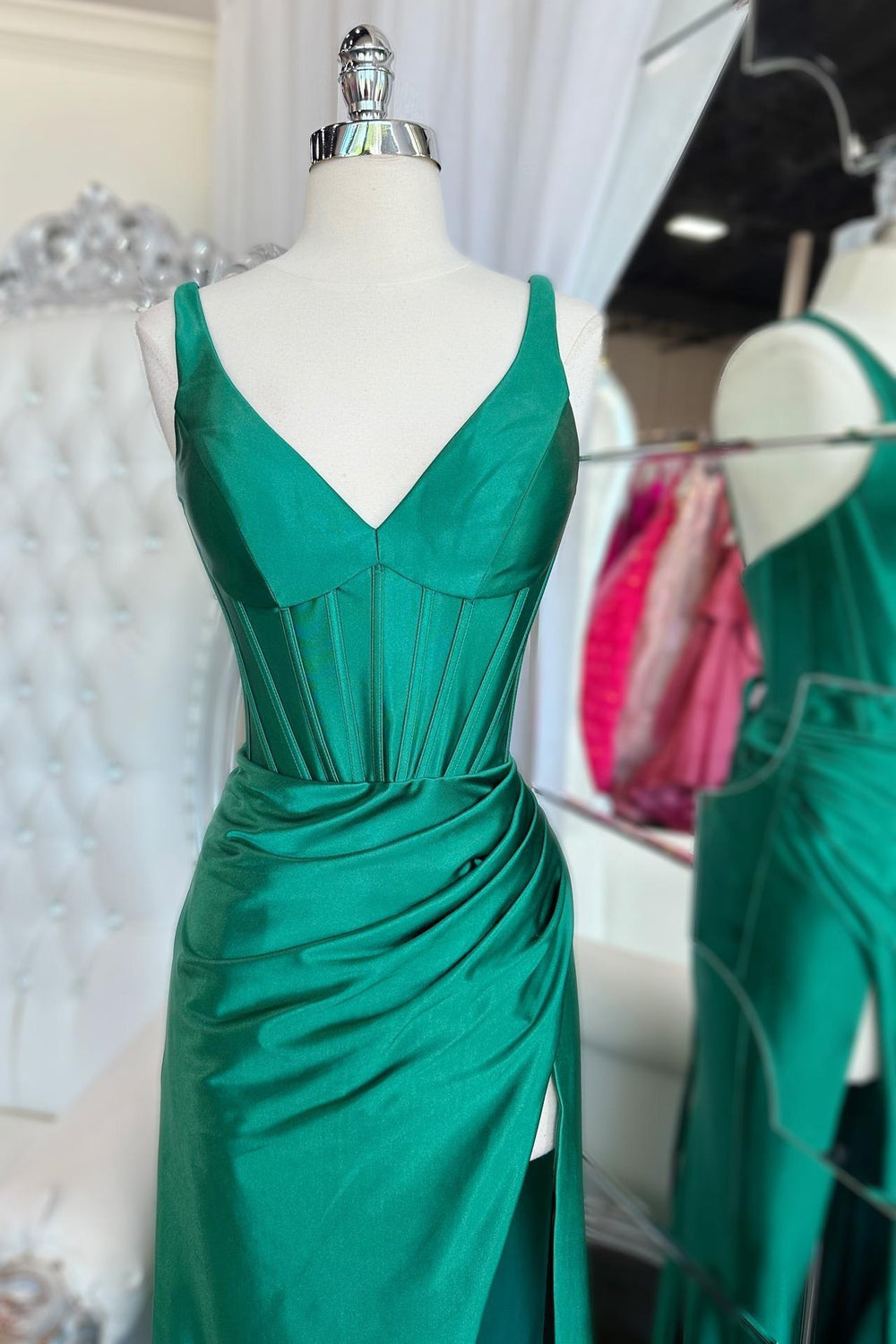 Charming Mermaid V Neck Light Blue Elastic Satin Long Prom Gown VK25060208