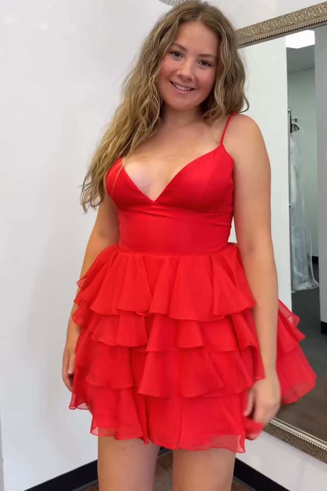 Red A-line Straps Short Ruffle Dress