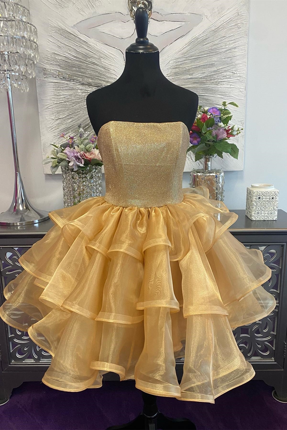 Strapless Gold A-line Short Ruffles Princess Dress  Dressesforparty