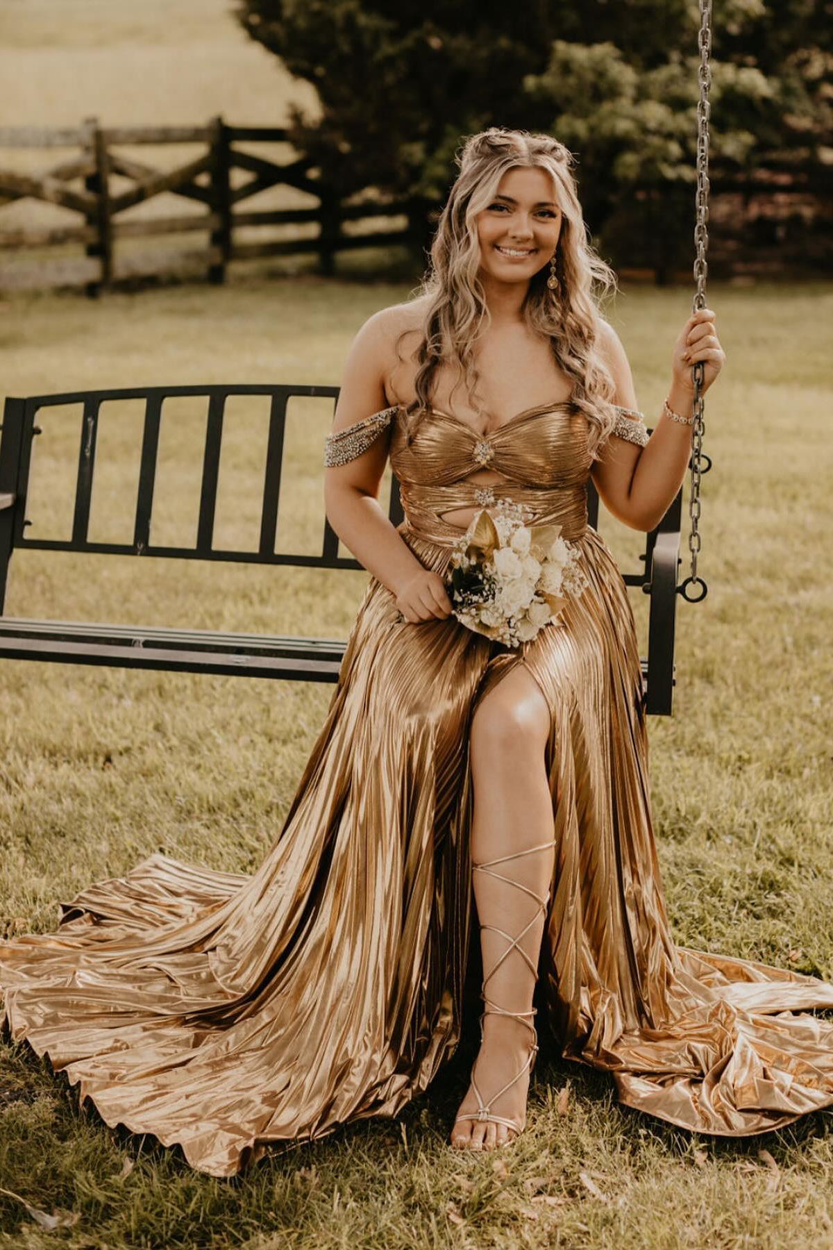 gold metallic pleated dress Olympia Gold Metallic Pleated One Shoulder Gown