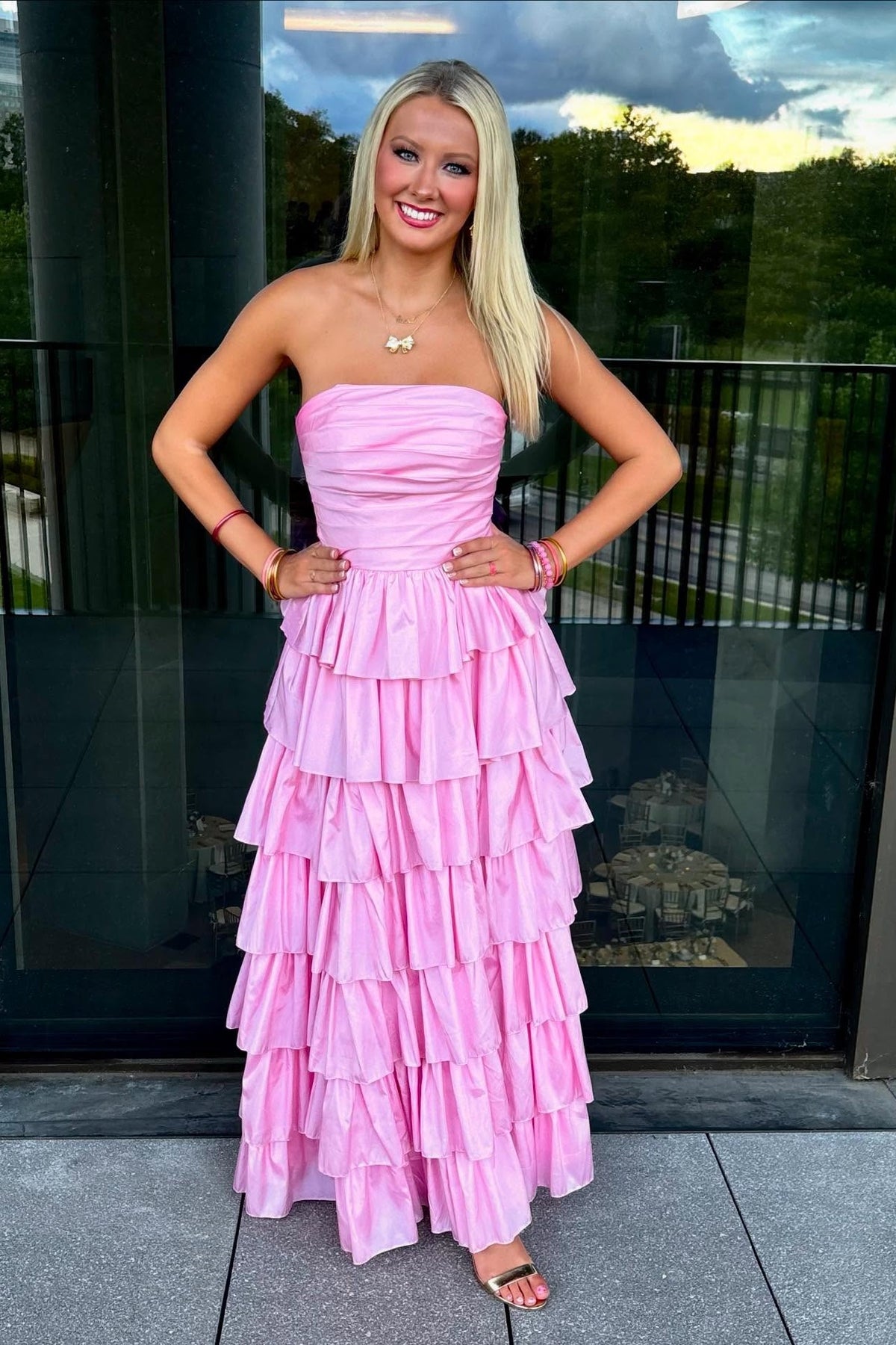 Pink Strapless Ruched Tiered Long Dress