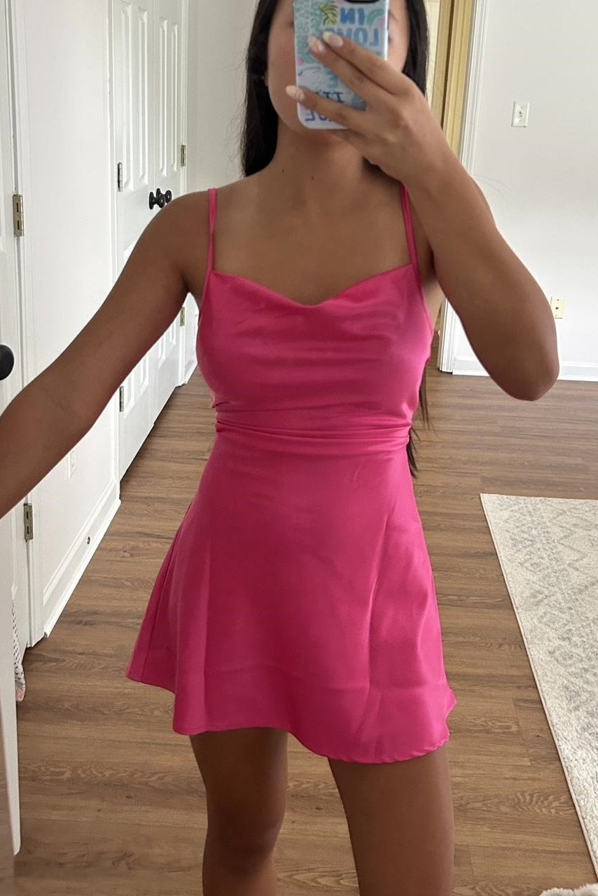 Bright Pink Cowl Neck A-line Short Dress
