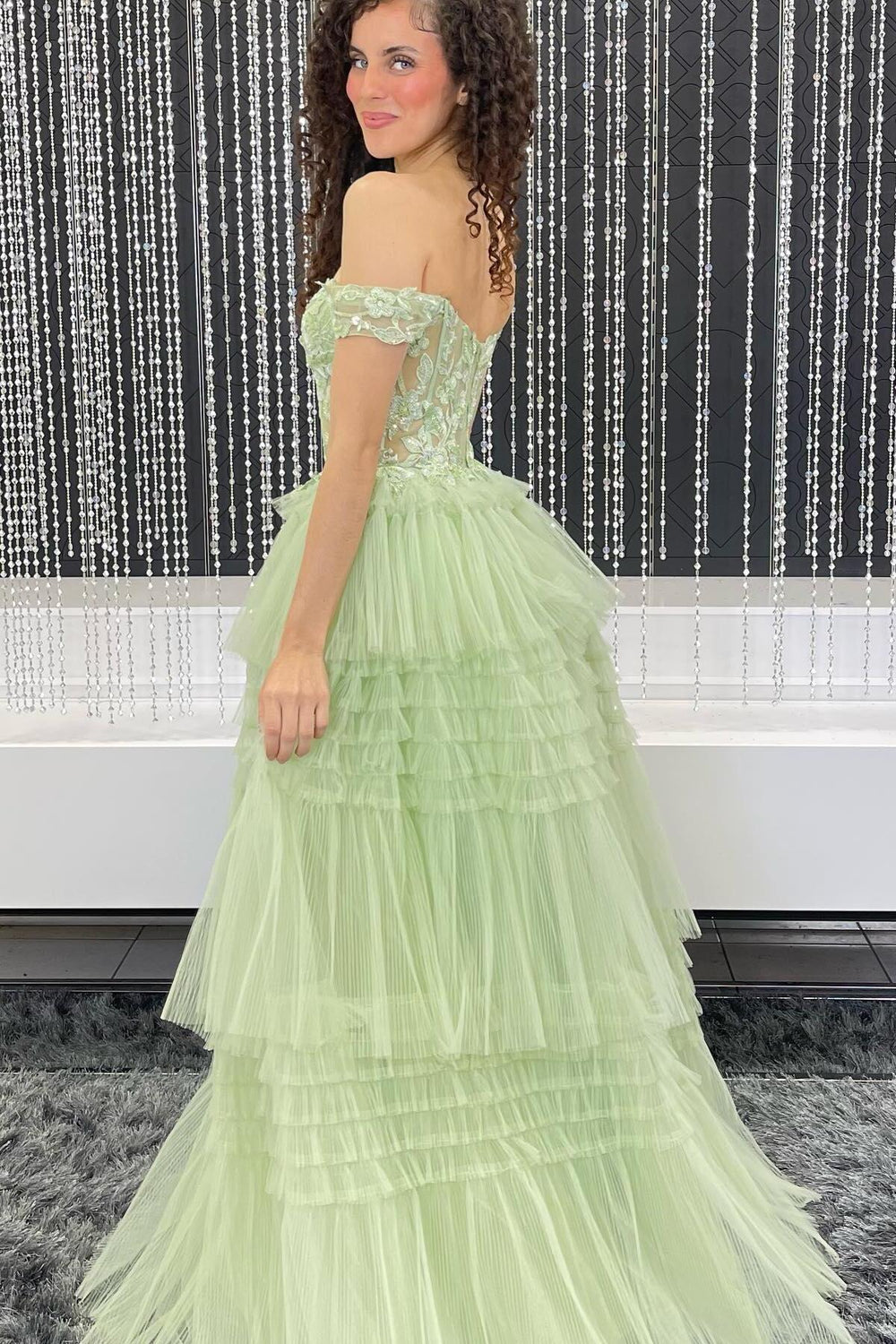 Light Blue Beaded Feather Off-the-Shoulder Tiered Long Prom Dress