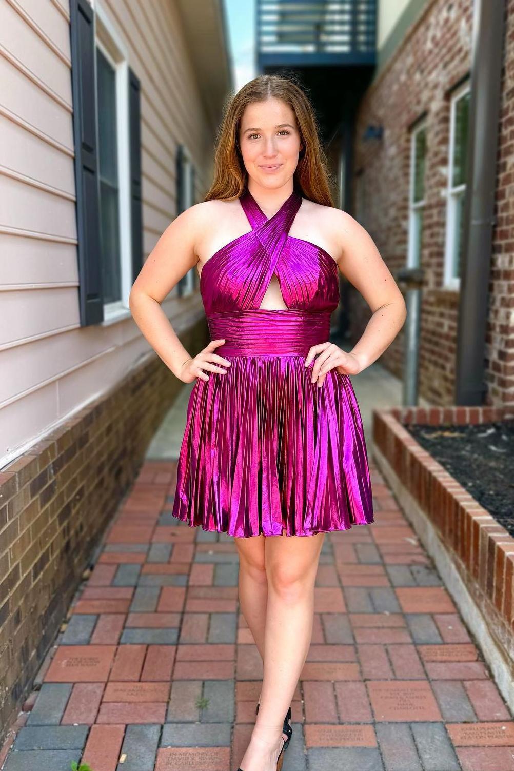 Cross Halter Fuchsia Metallic Pleated Short Homecoming Dress – Dressesforparty Cross Halter Fuchsia Metallic Pleated Short Homecoming Dress – Dressesforparty