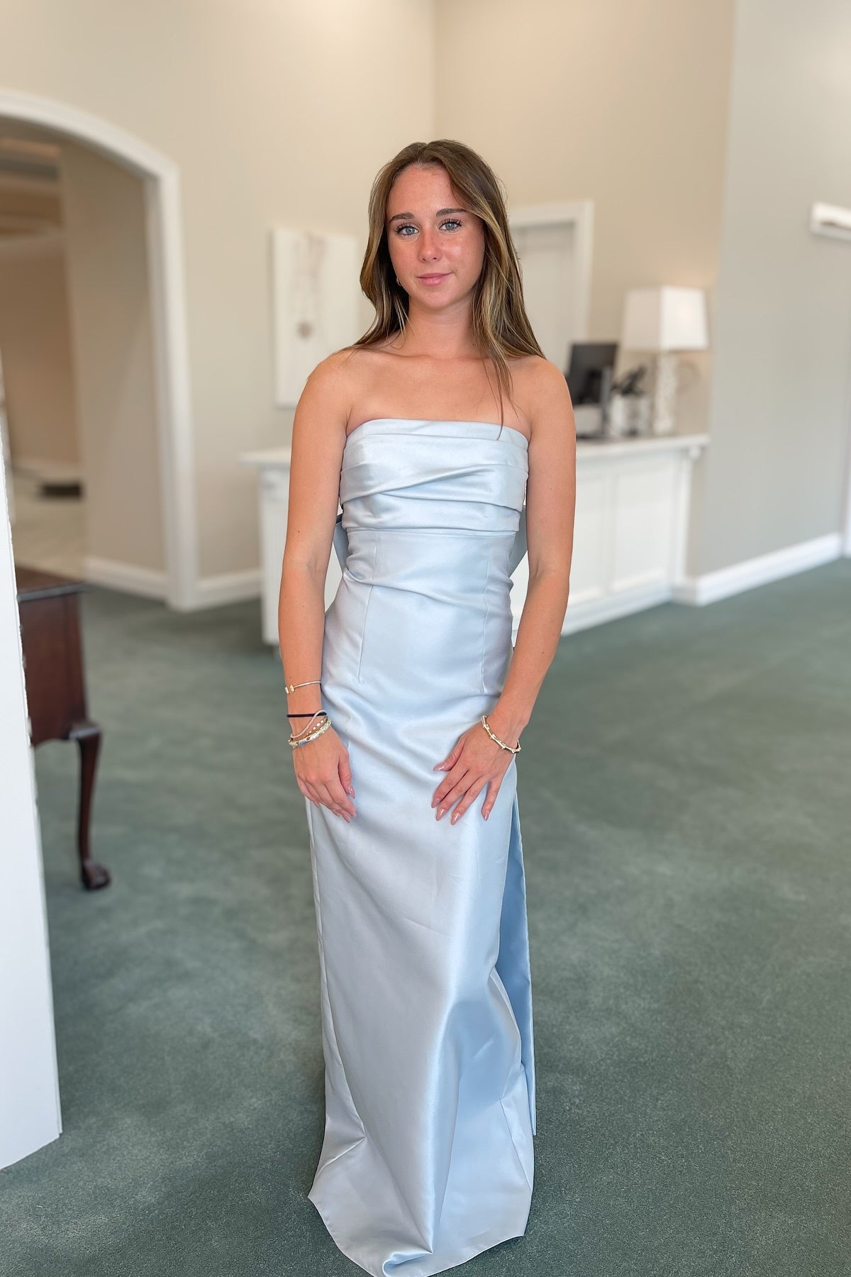 Bright Blue Strapless Ruched Fitted Gown