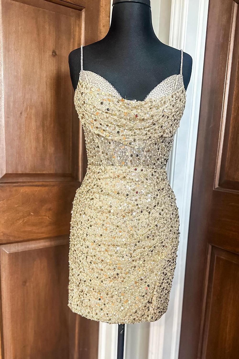 Cowl Neck Gold Sequin Tight Party Dress Dressesforparty Cowl Neck Gold Sequin Tight Party Dress Dressesforparty