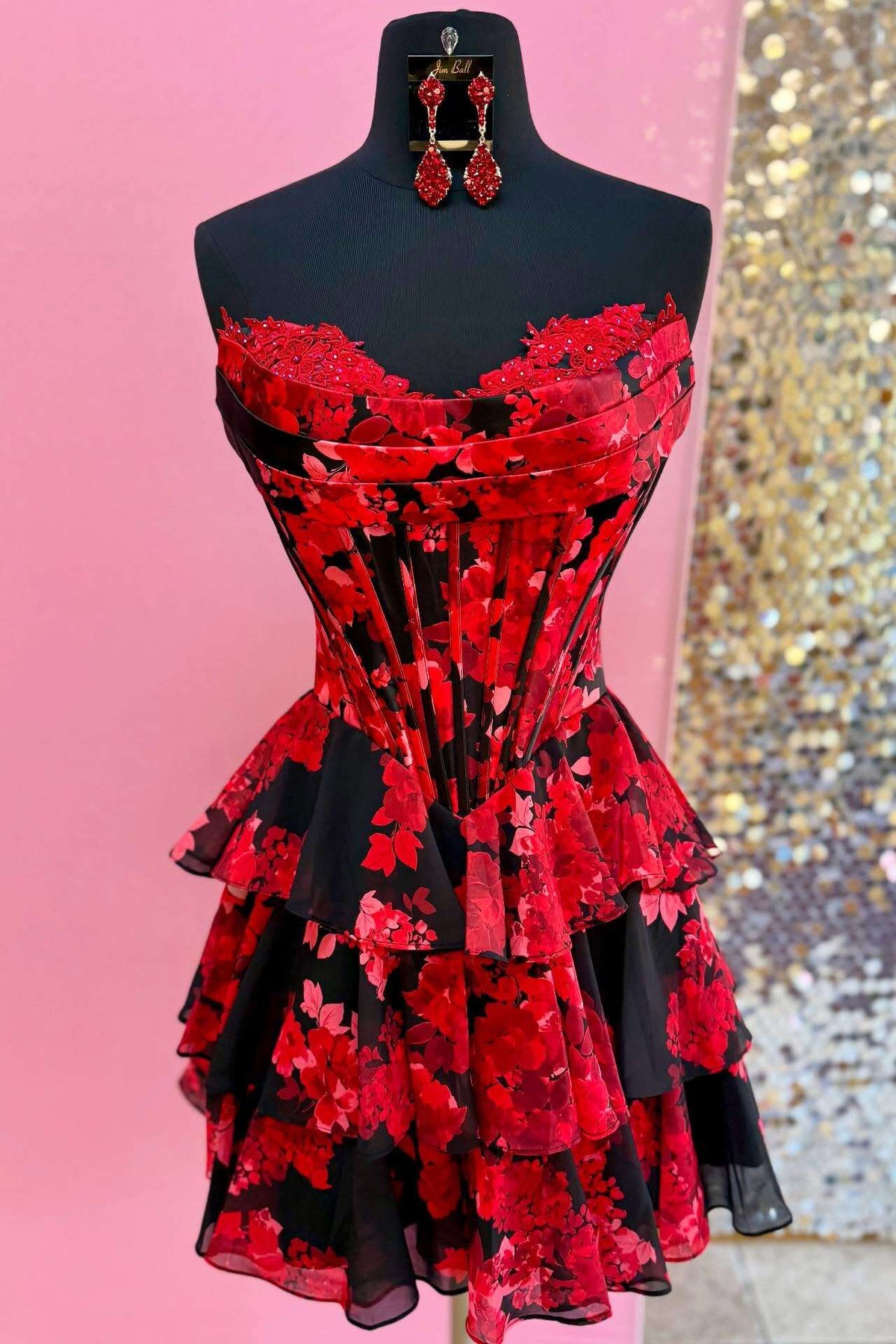 Black and Red Floral A-line Short Ruffle Dress Dressesforparty Black and Red Floral A-line Short Ruffle Dress Dressesforparty