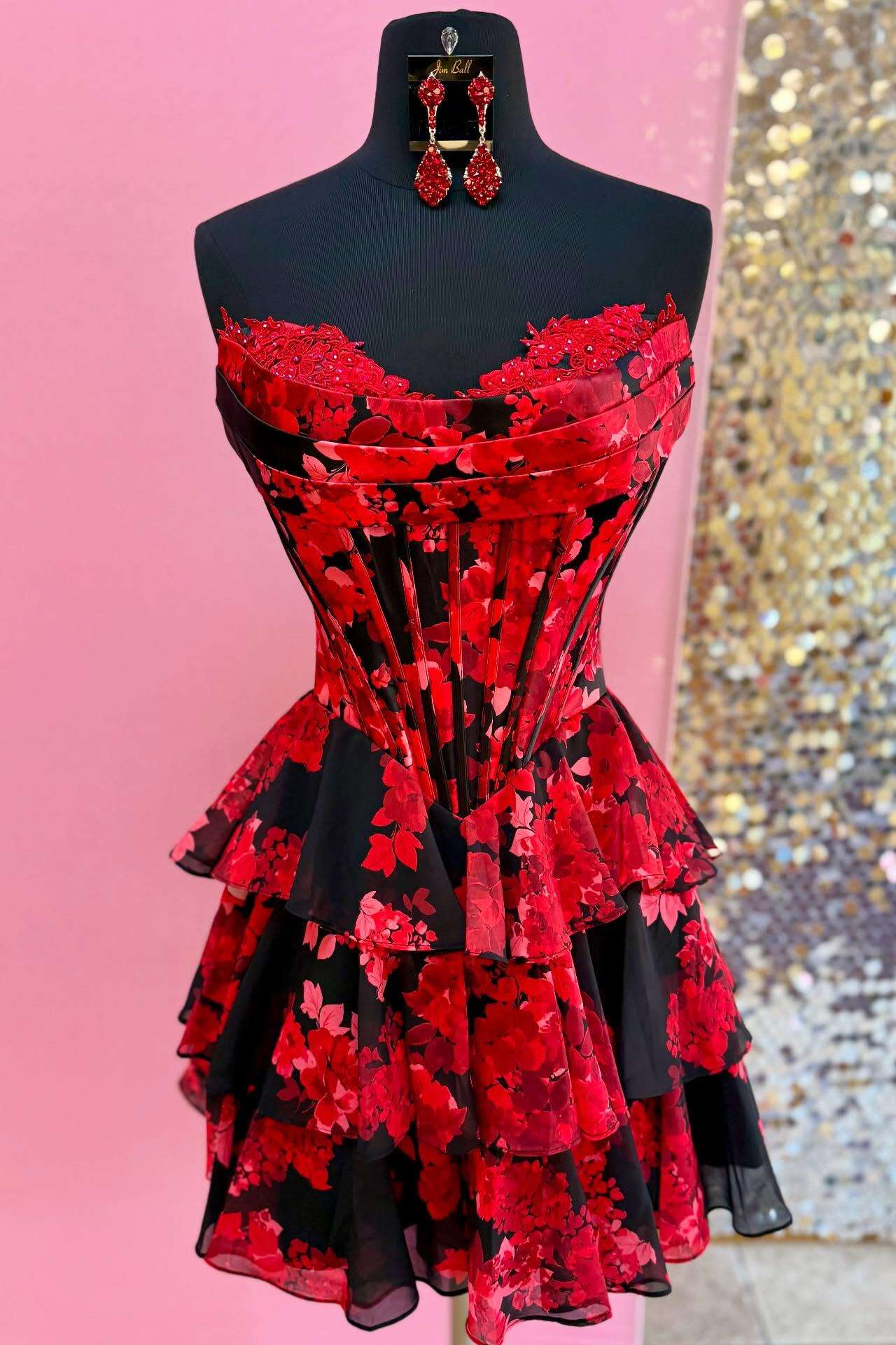 Black and Red Floral A-line Short Ruffle Dress – Dressesforparty