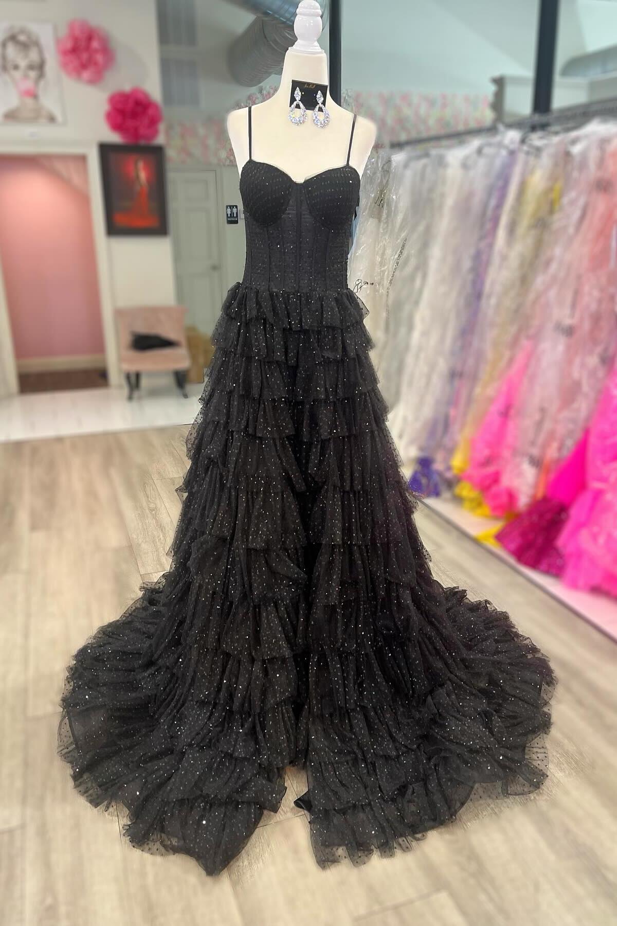 Straps Black Corset Tiered Ruffles Long Formal Gown