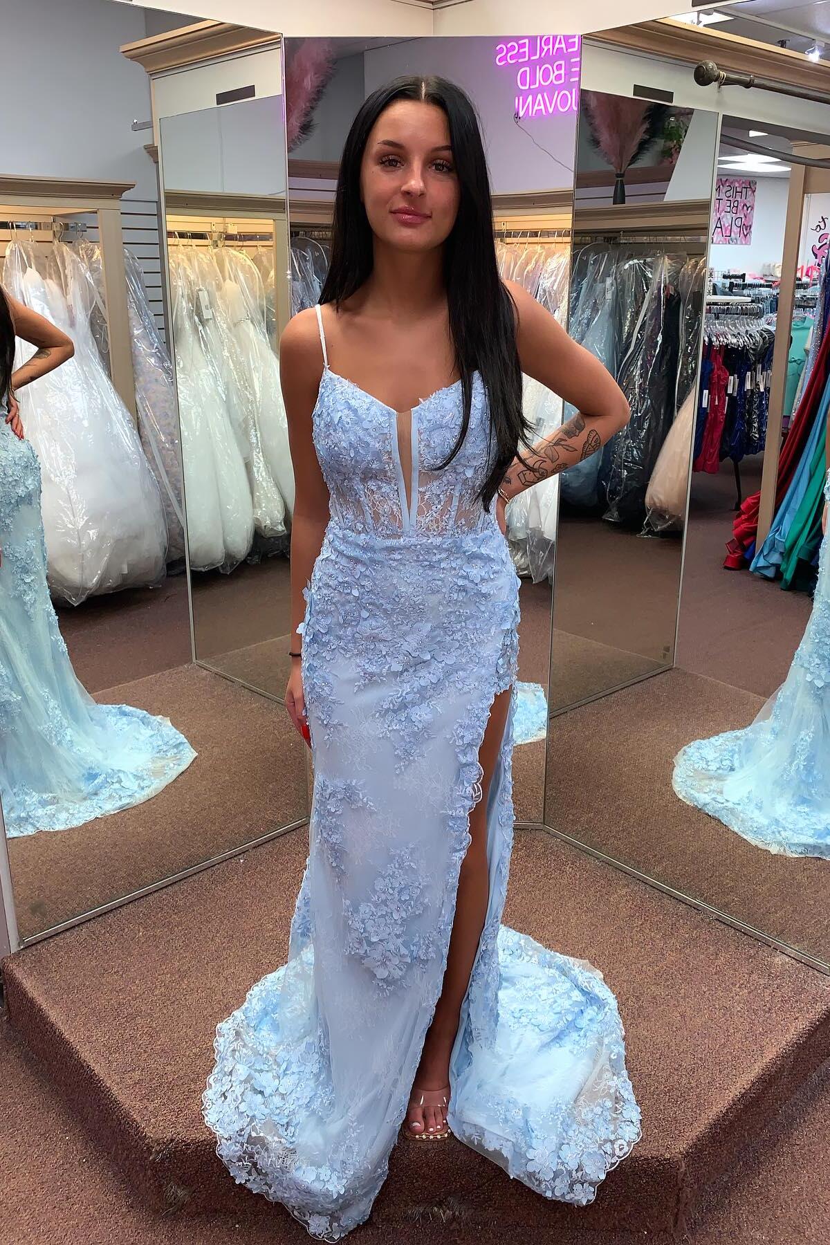 Light Blue Appliques Mermaid Prom Dress