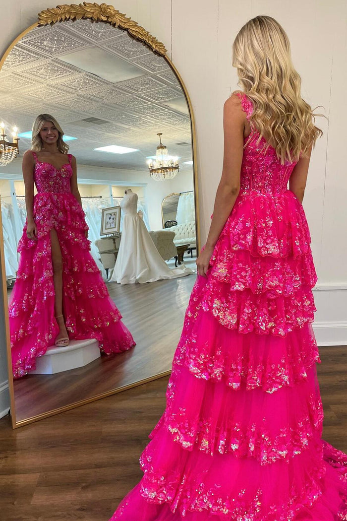 A-line Tiered Bow-Tie Shoulder Dress with Slit Fuchsia