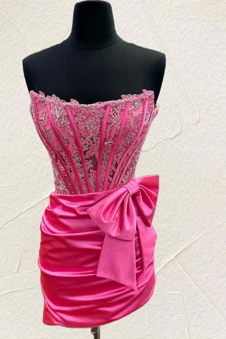Hot Pink Appliques Ruched Tight Homecoming Dress with Bow Dressesforparty Hot Pink Appliques Ruched Tight Homecoming Dress with Bow Dressesforparty