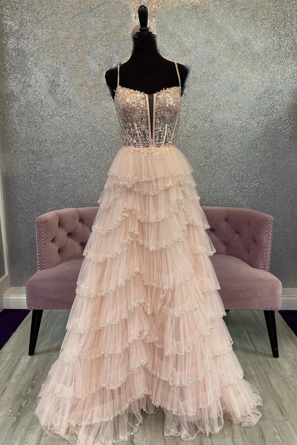 Straps Pink Appliques and Tulle Ruffles Prom Dress