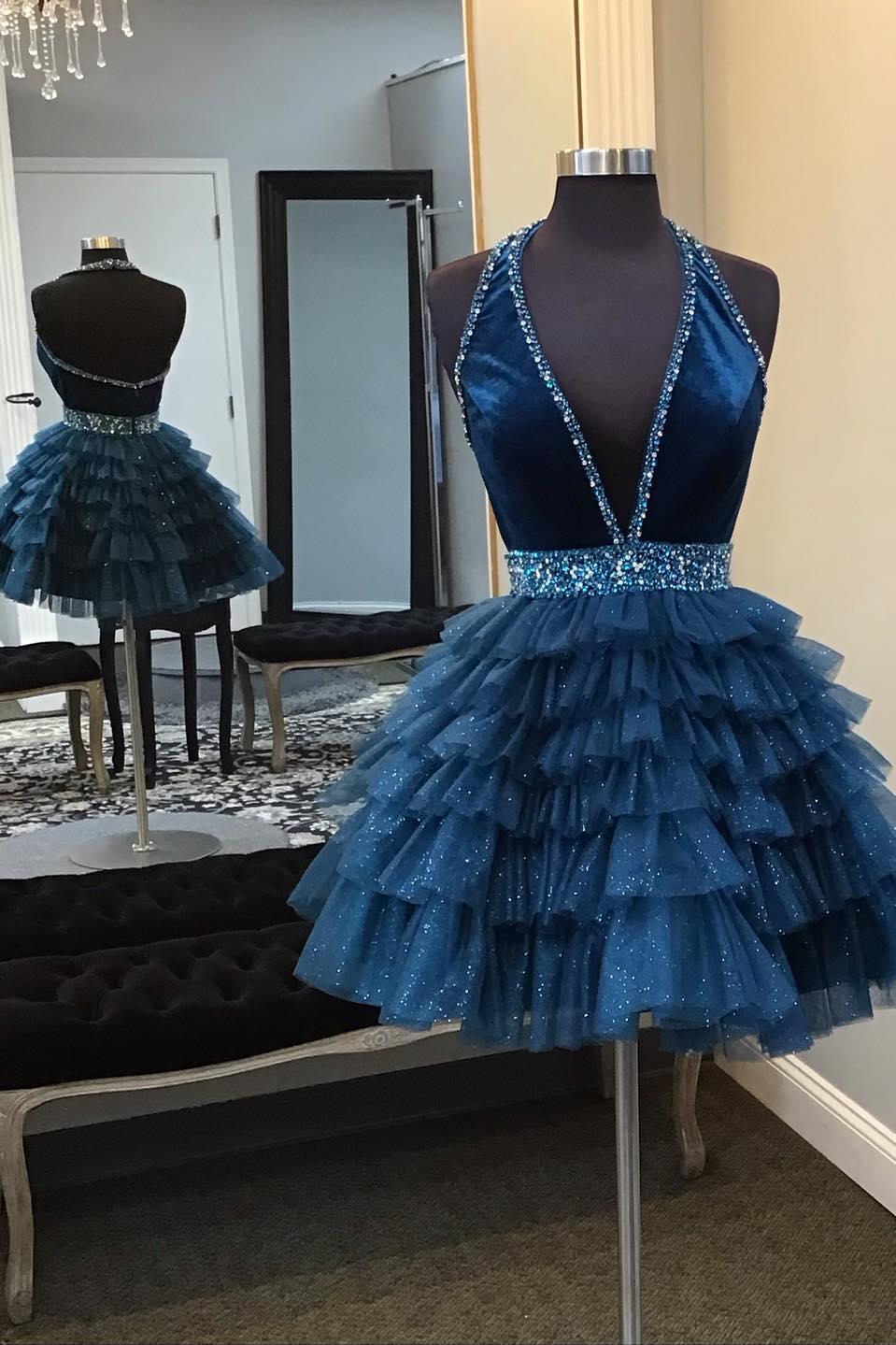 Halter Turquoise Beaded A-line Short Ruffle Dress Dressesforparty Halter Turquoise Beaded A-line Short Ruffle Dress Dressesforparty