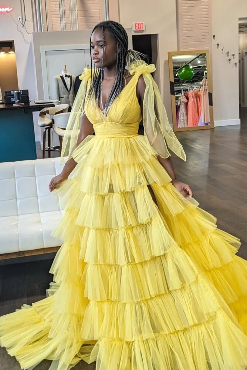 Tie Shoulders Yellow Tulle Ruffle Long Party Dress
