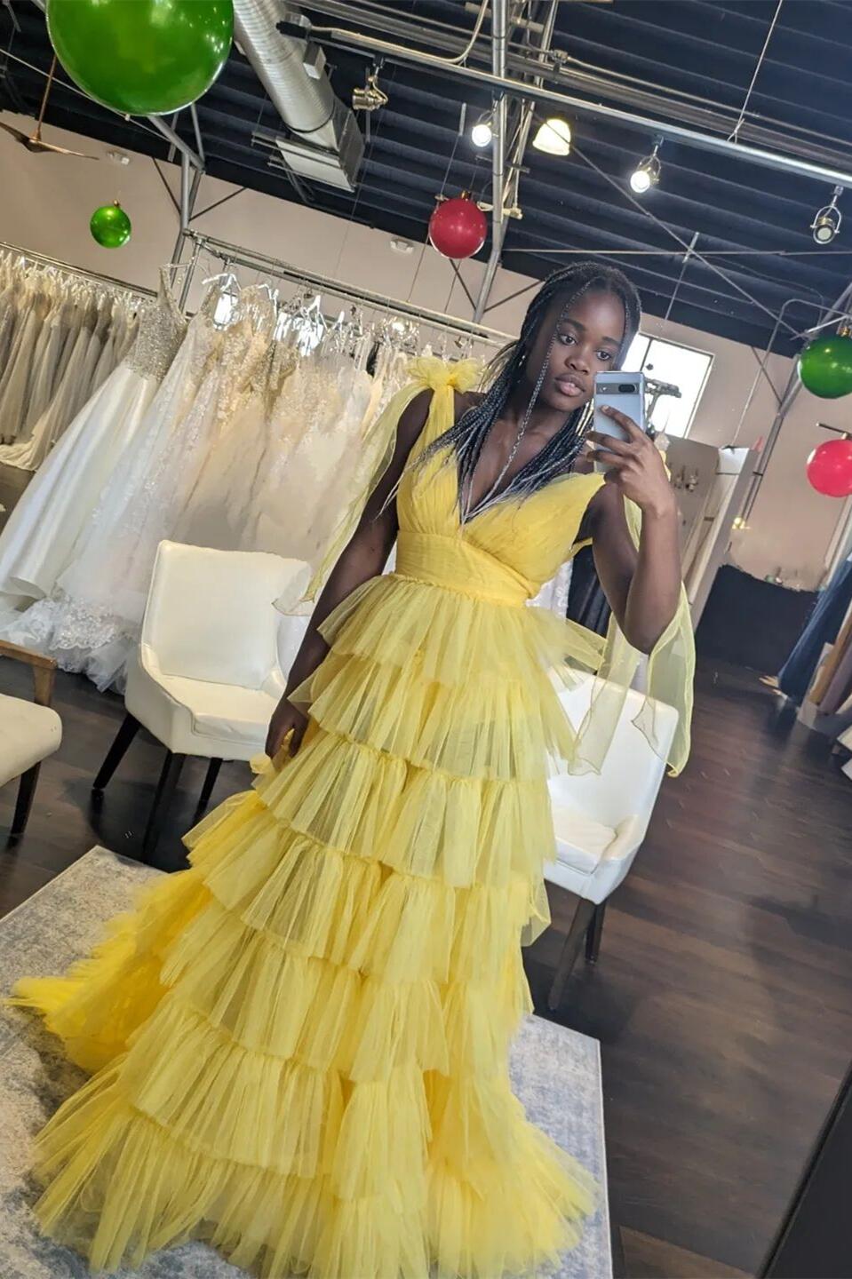 Tie Shoulders Yellow Tulle Ruffle Long Party Dress