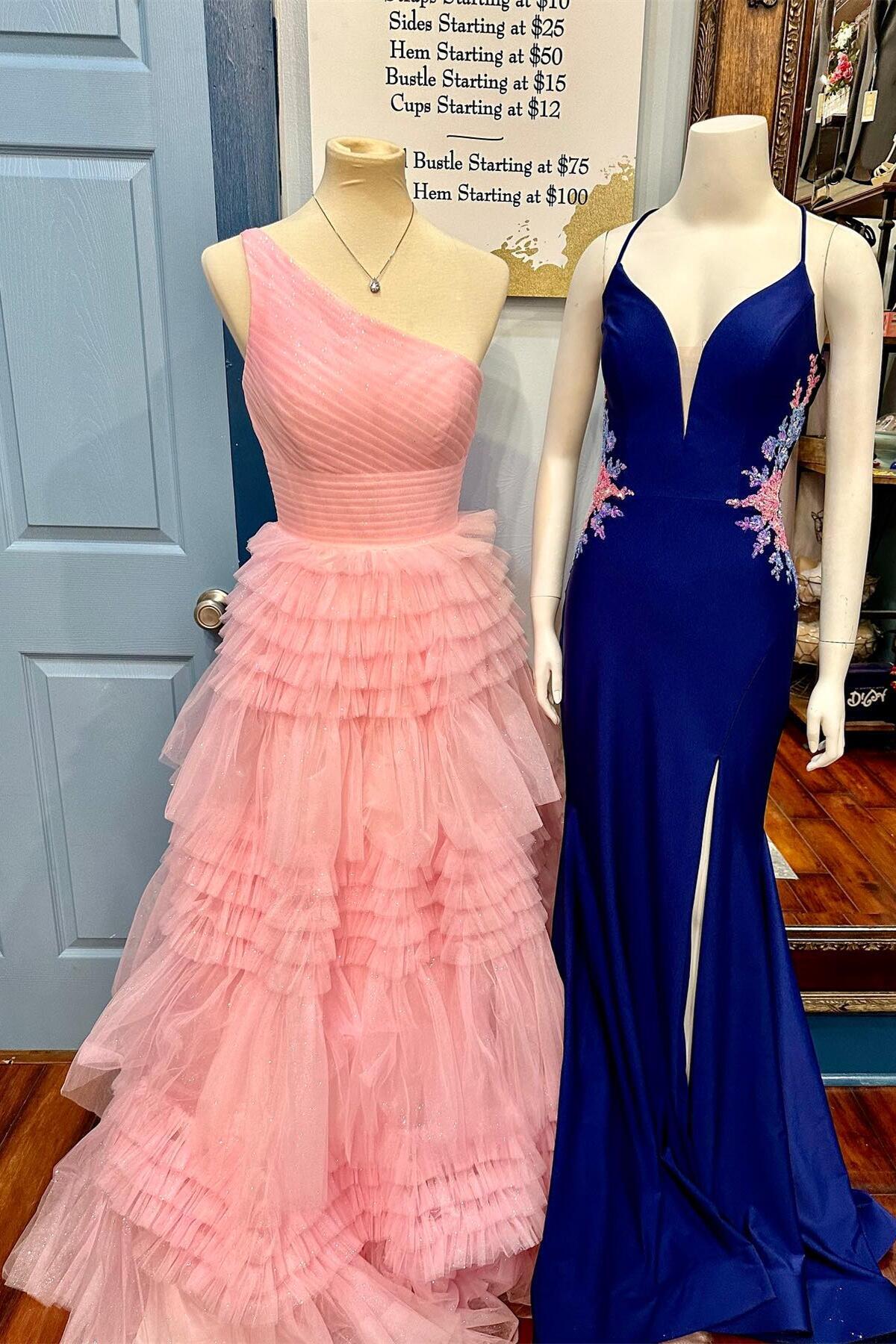 One Shoulder Pink Ruffles A-line Long Formal Dress