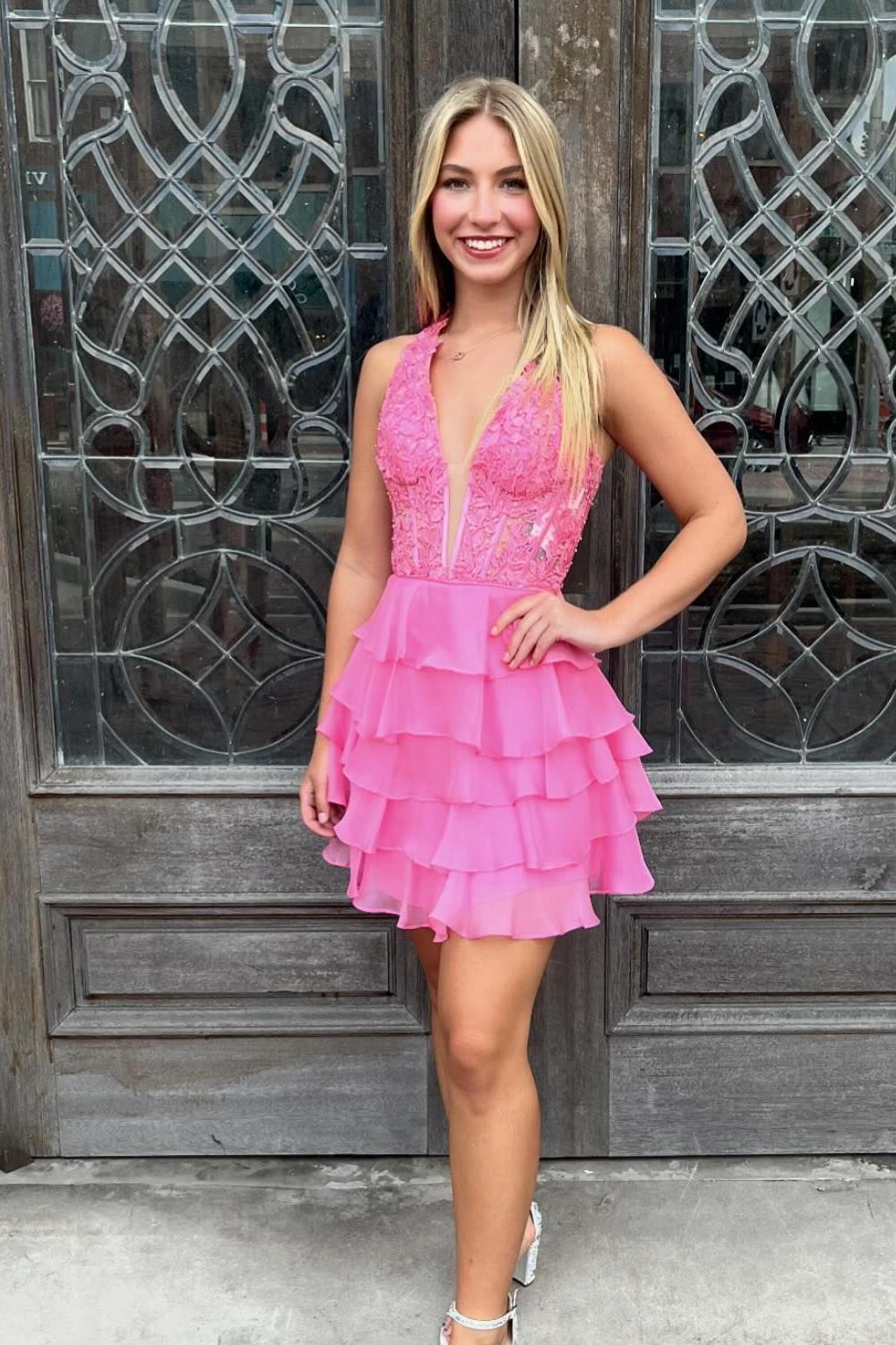 Halter Hot Pink Lace and Chiffon Ruffle Homecoming Dress Dressesforparty Halter Hot Pink Lace and Chiffon Ruffle Homecoming Dress Dressesforparty