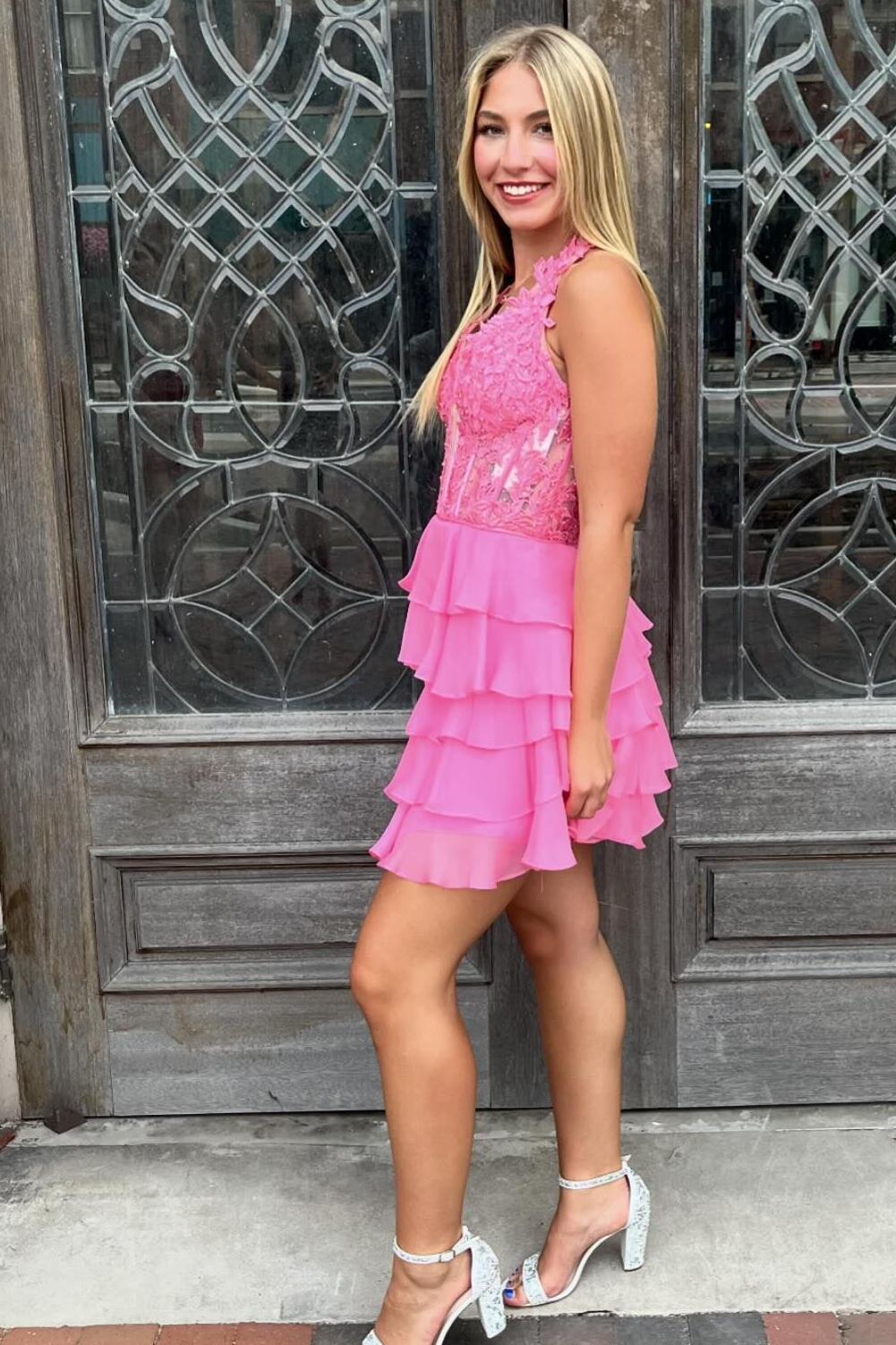 Halter Hot Pink Lace and Chiffon Ruffle Homecoming Dress Dressesforparty Halter Hot Pink Lace and Chiffon Ruffle Homecoming Dress Dressesforparty