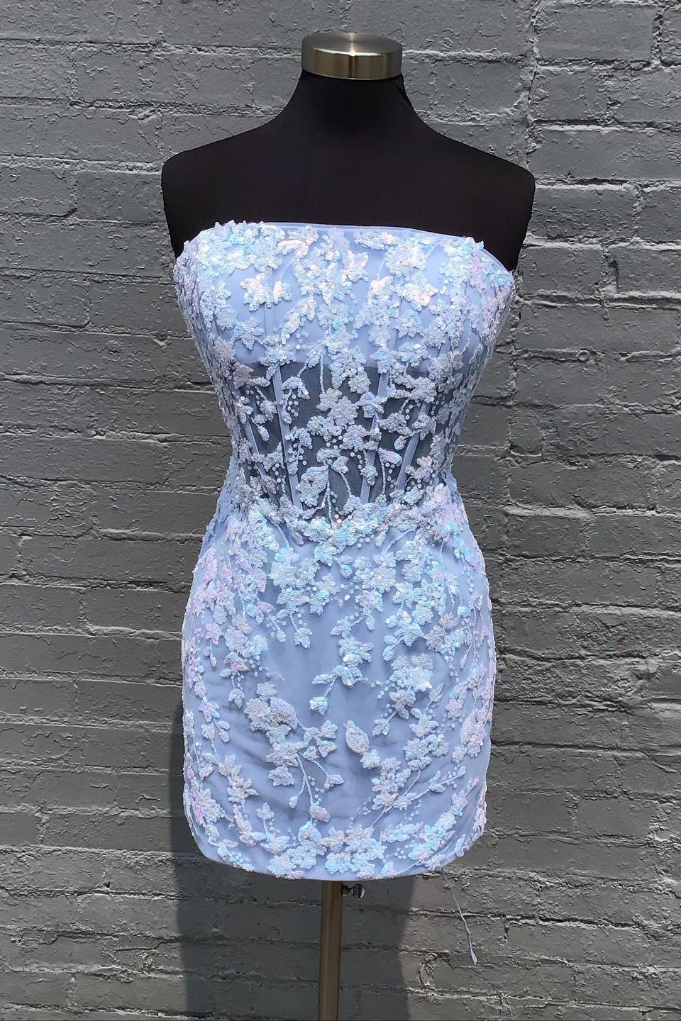 Strapless Light Blue Sequin Floral Tulle Tight Dress Dressesforparty Strapless Light Blue Sequin Floral Tulle Tight Dress Dressesforparty