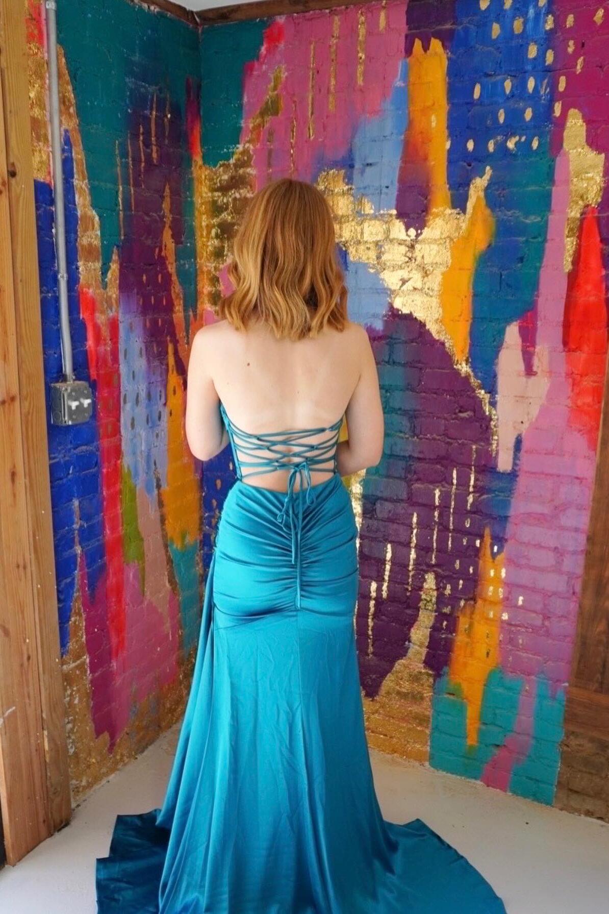 Ruched Teal Blue Satin Mermaid Prom Dress