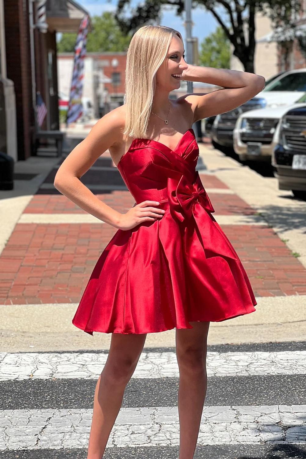 Sweetheart Red Satin A-line Short Dress with Bow Dressesforparty Sweetheart Red Satin A-line Short Dress with Bow Dressesforparty
