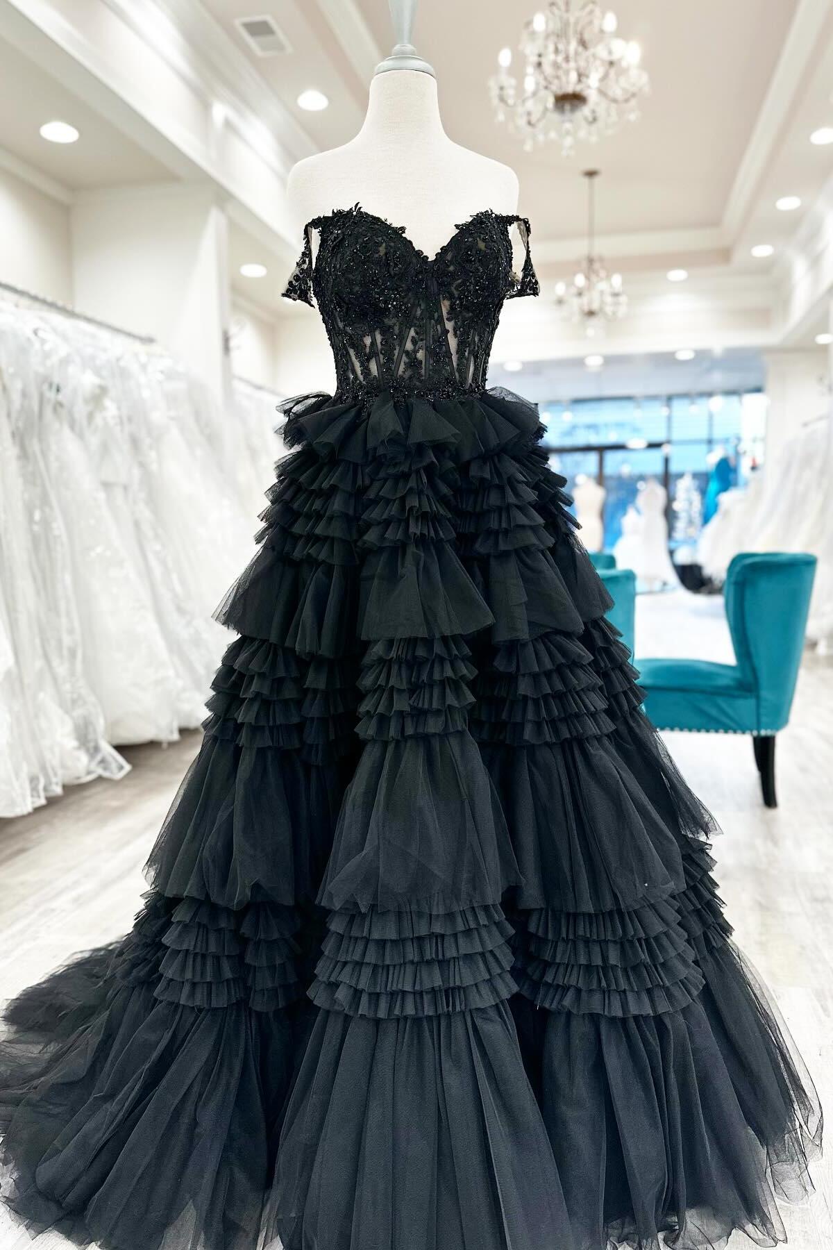 Off the Shoulder Black Lace Appliques Ruffles Long Formal Dress –  Dressesforparty