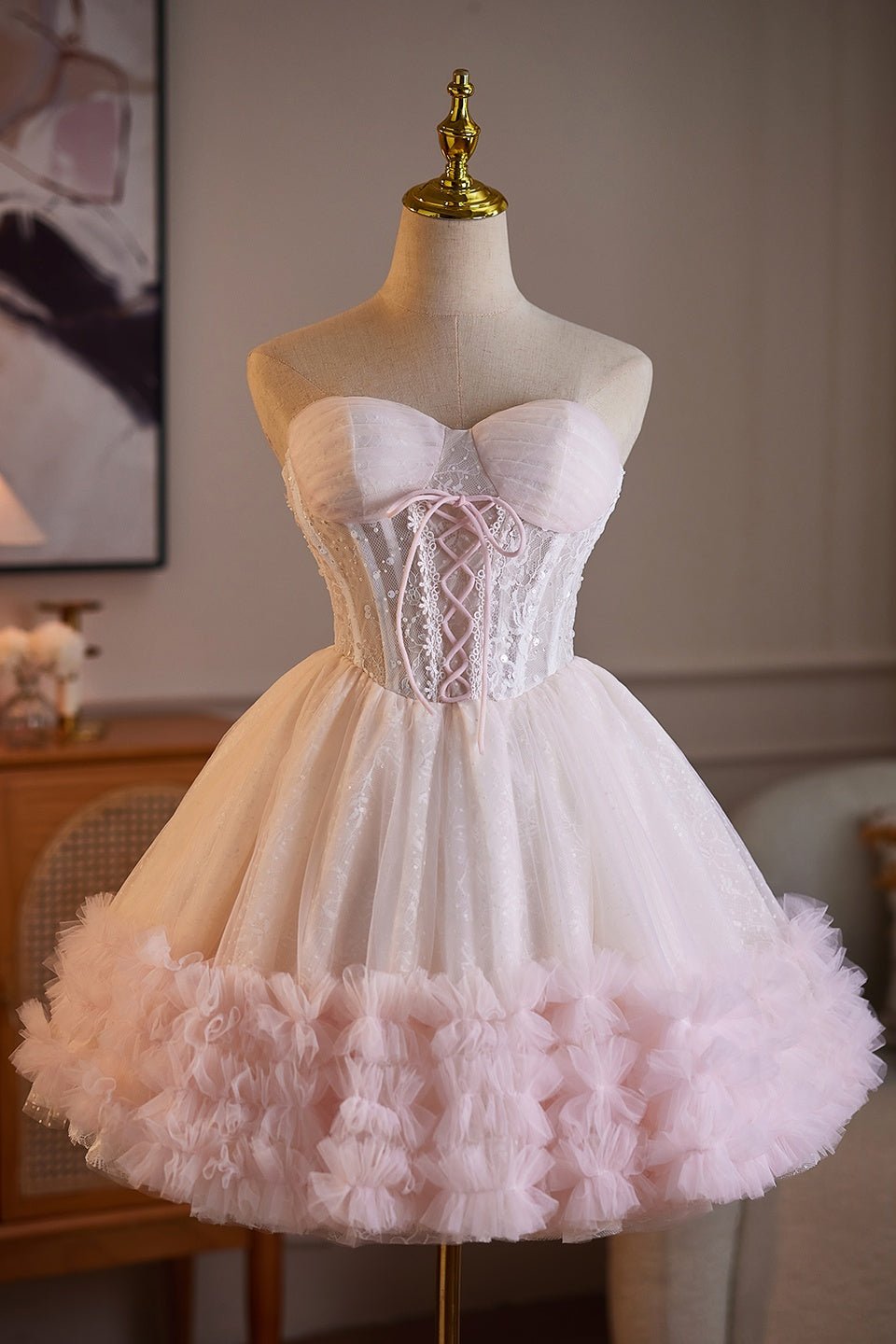 Pink Tulle Lace-Print Bustier Mini Dress Dressesforparty Pink Tulle Lace-Print Bustier Mini Dress Dressesforparty