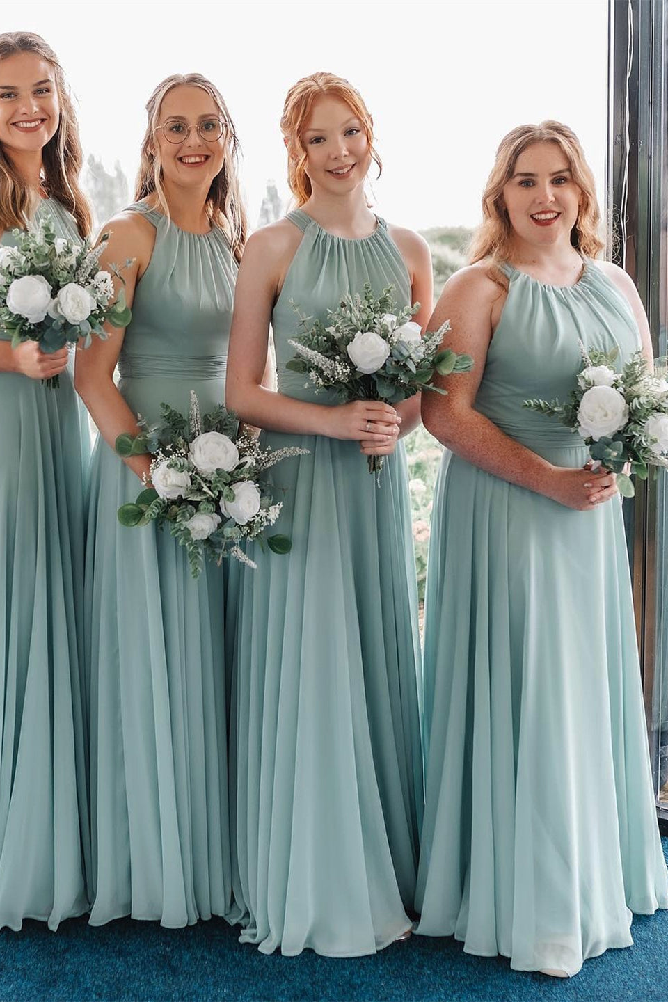 Halter Blue Floral A Line Bridesmaid Dress with Lace Up Back main image 1
