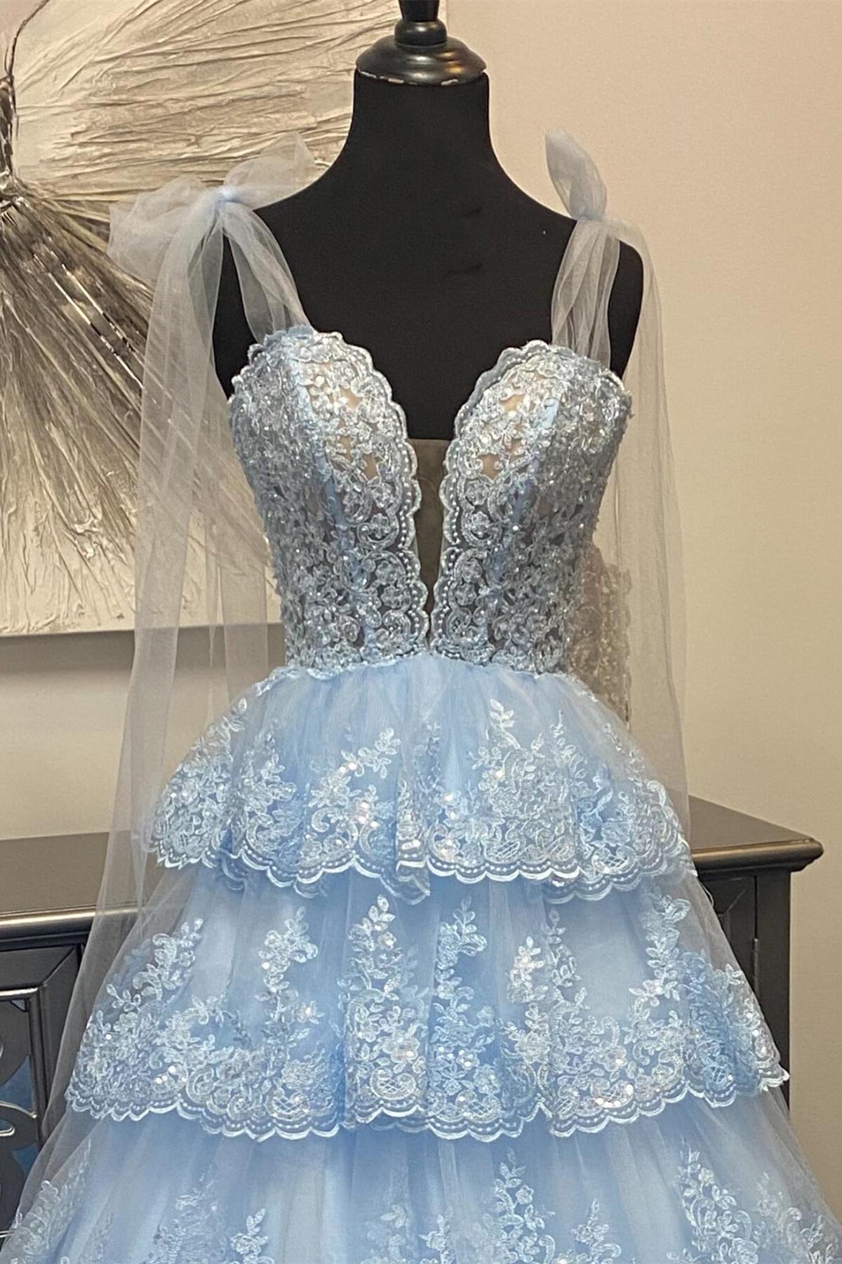 Light Blue Appliques Tiered Ruffle Prom Gown