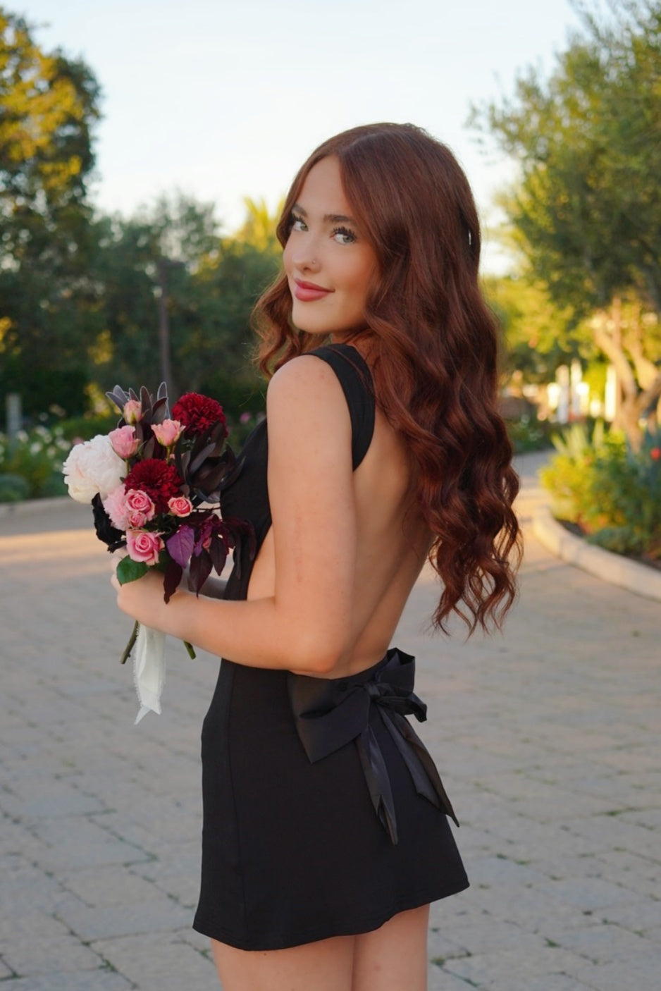 Black Backless Bow Cowl Neck Mini Dress